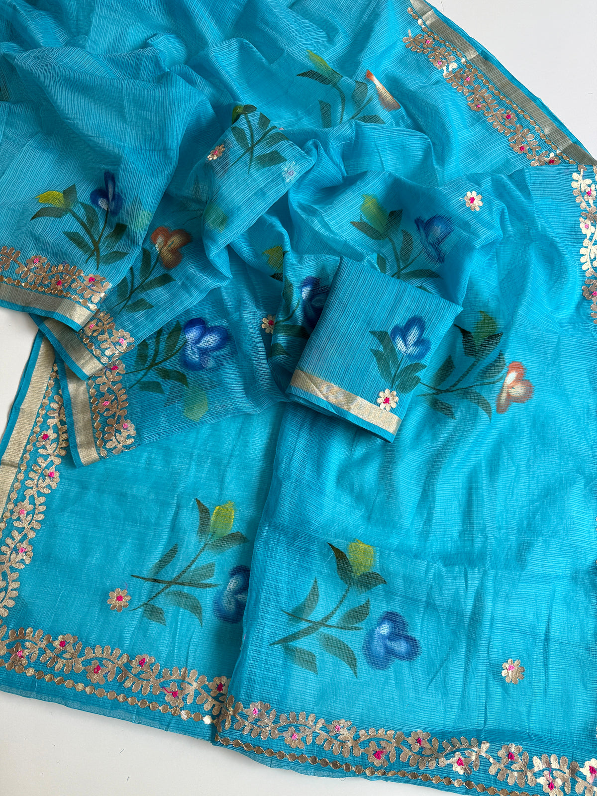 Incomparable Party Wear Soft Kota Doriya Gota Patti Work n Flower Print Designer Saree With Matching Blouse Piece