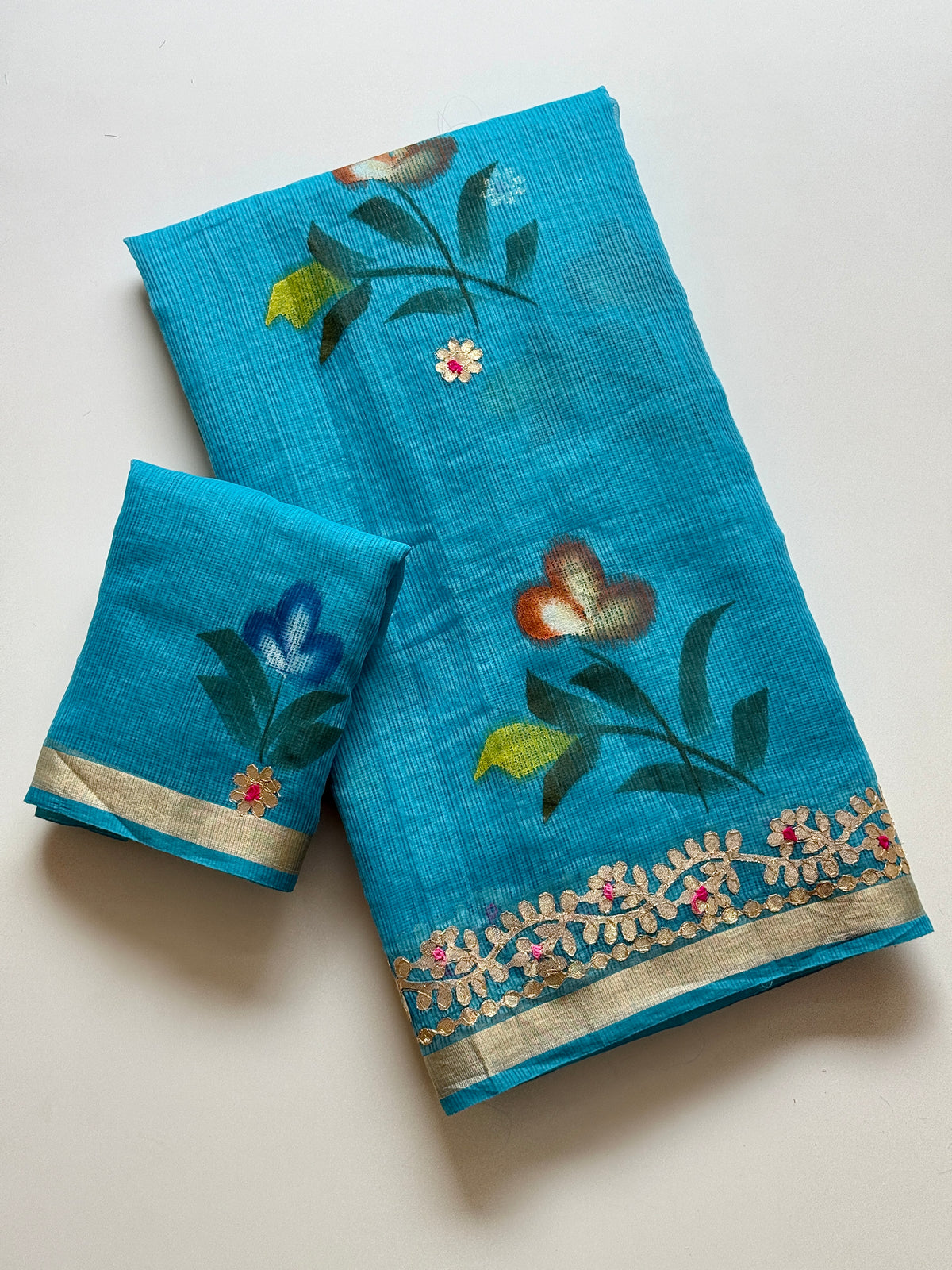 Incomparable Party Wear Soft Kota Doriya Gota Patti Work n Flower Print Designer Saree With Matching Blouse Piece