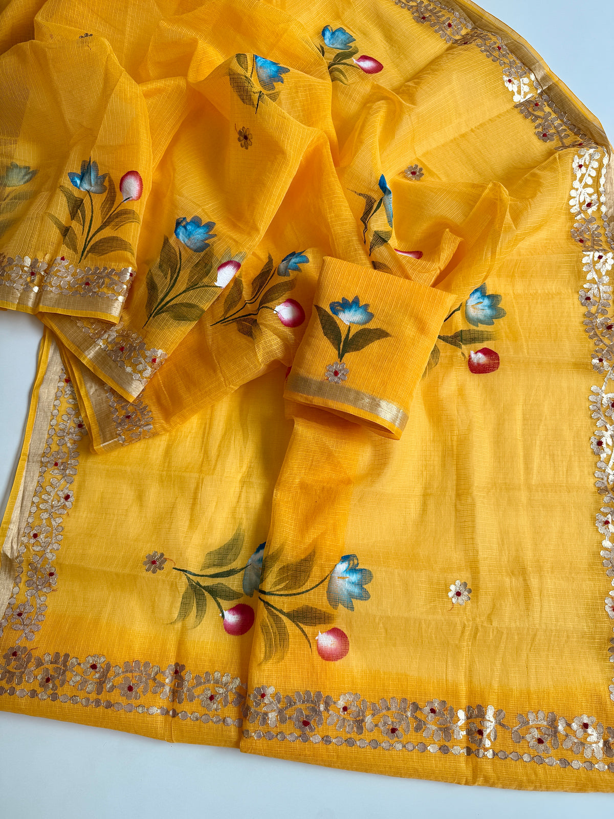 Incomparable Party Wear Soft Kota Doriya Gota Patti Work n Flower Print Designer Saree With Matching Blouse Piece