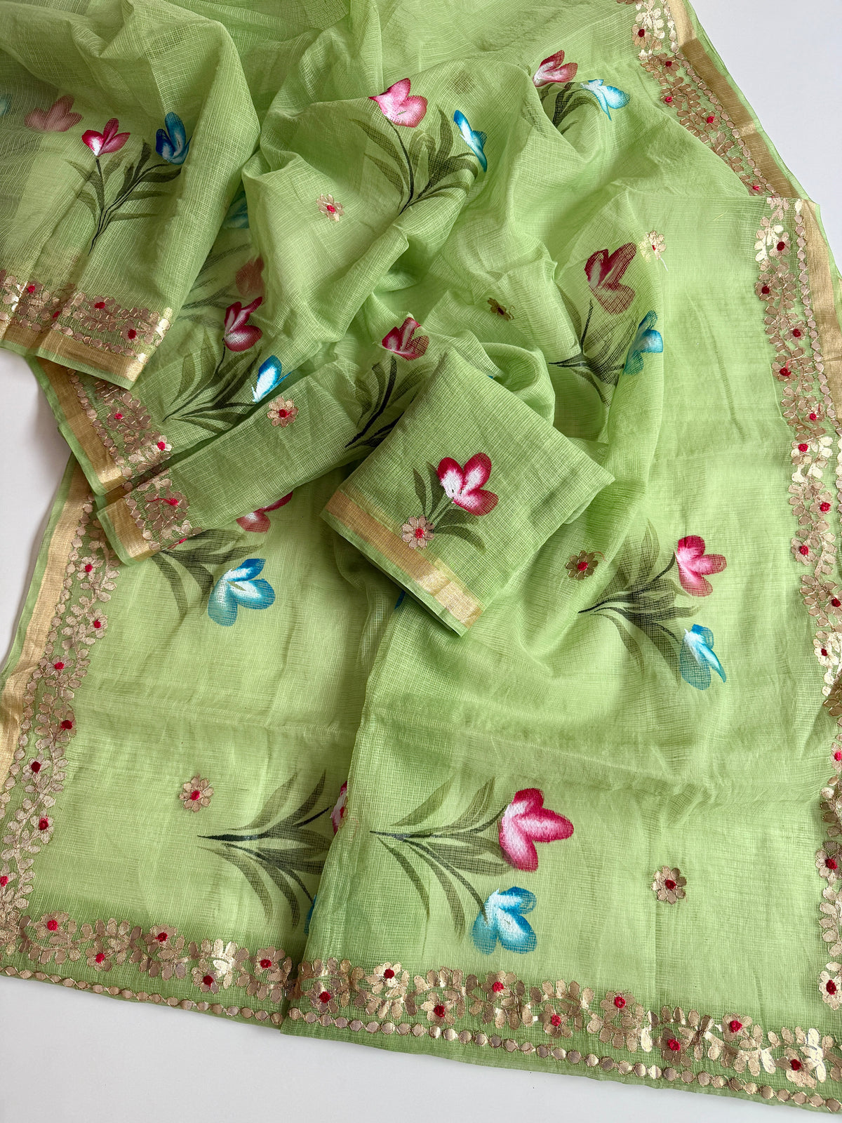 Incomparable Party Wear Soft Kota Doriya Gota Patti Work n Flower Print Designer Saree With Matching Blouse Piece