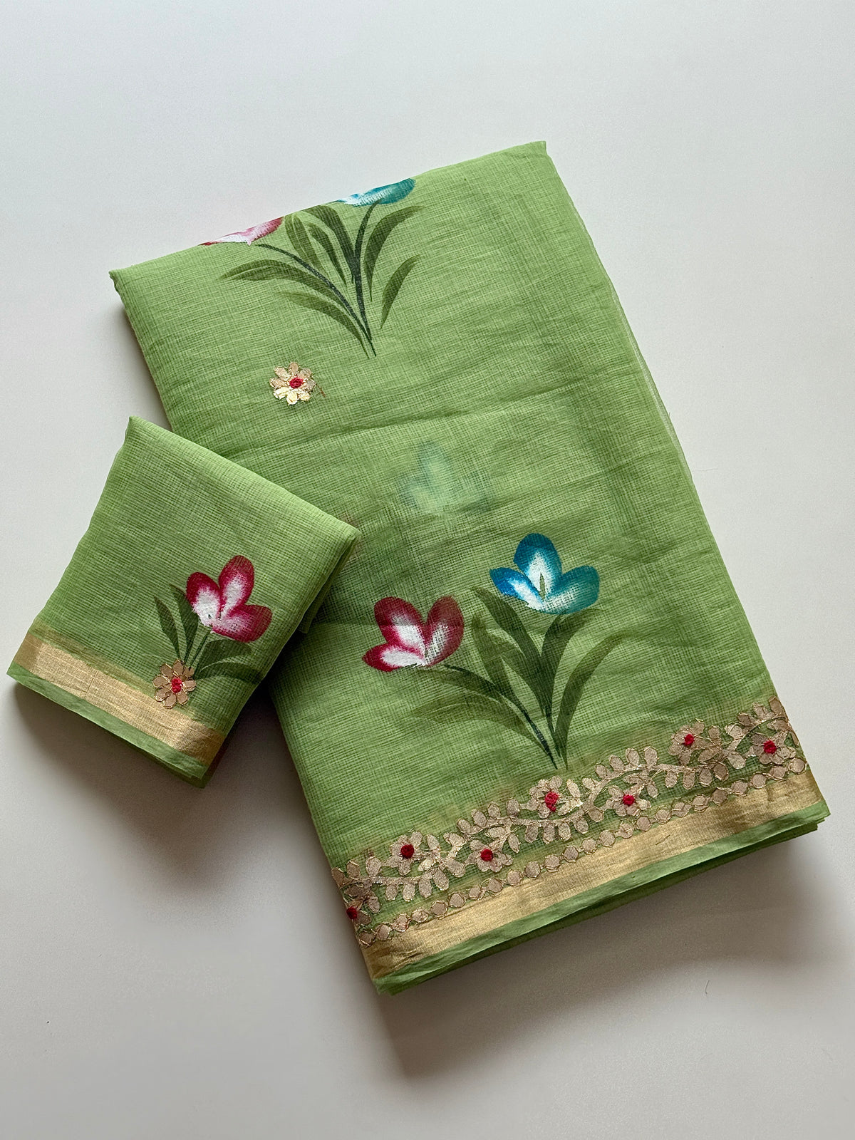 Incomparable Party Wear Soft Kota Doriya Gota Patti Work n Flower Print Designer Saree With Matching Blouse Piece