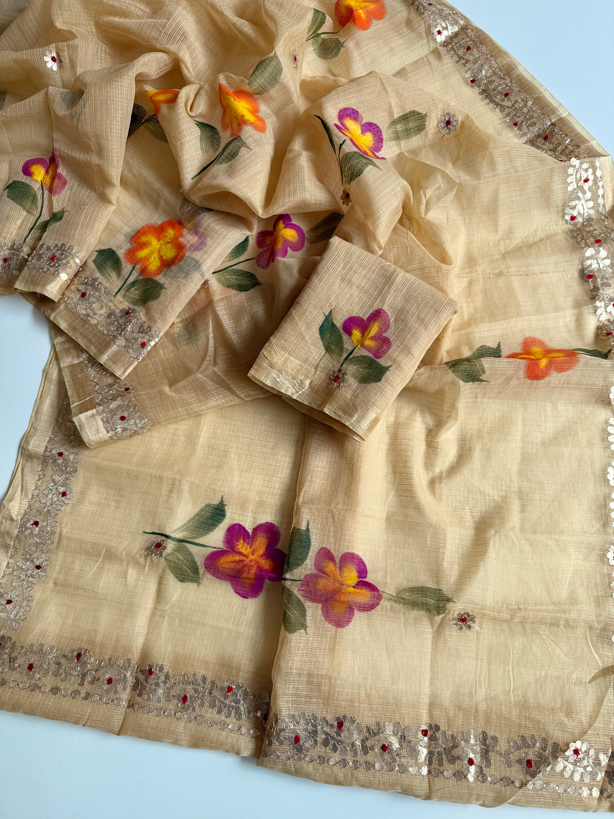 Incomparable Party Wear Soft Kota Doriya Gota Patti Work n Flower Print Designer Saree With Matching Blouse Piece
