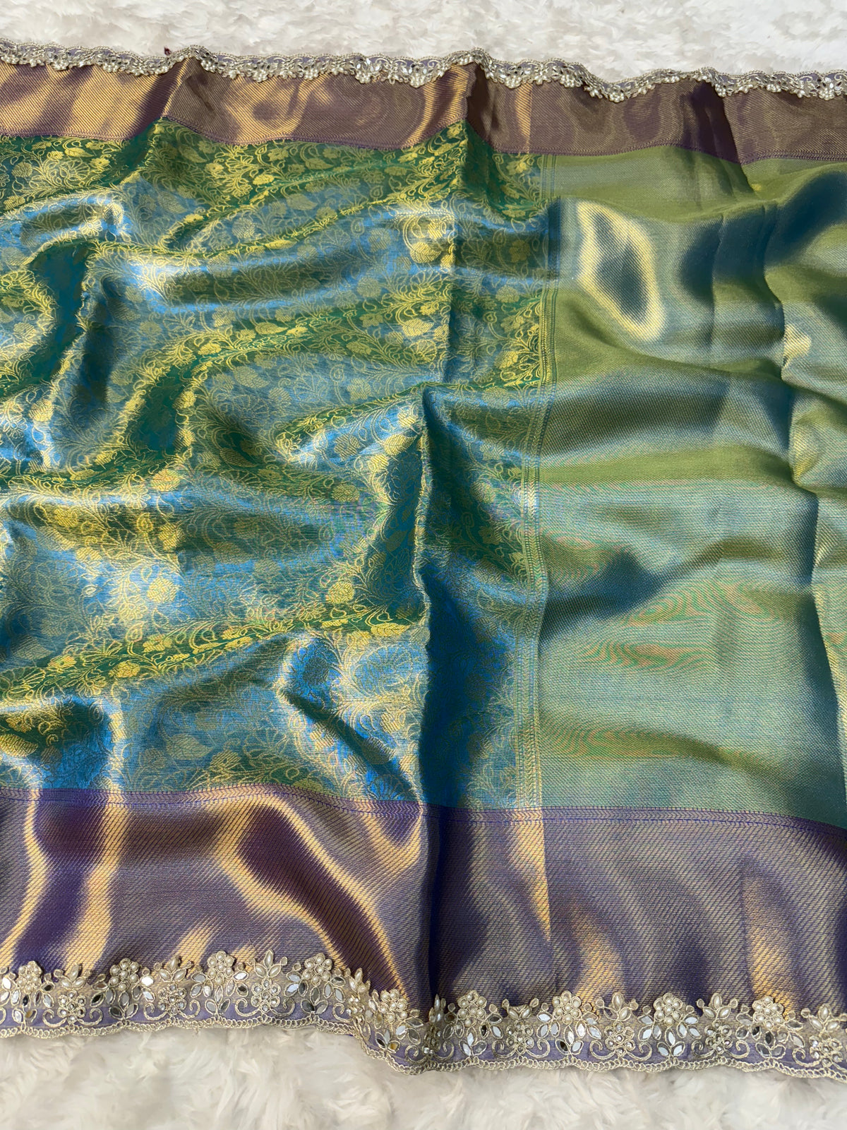 Gratifying Wedding Wear Banarasi Tissue Silk Zari Weaving Border n Heavy Lace Work Fancy Saree For Occasion