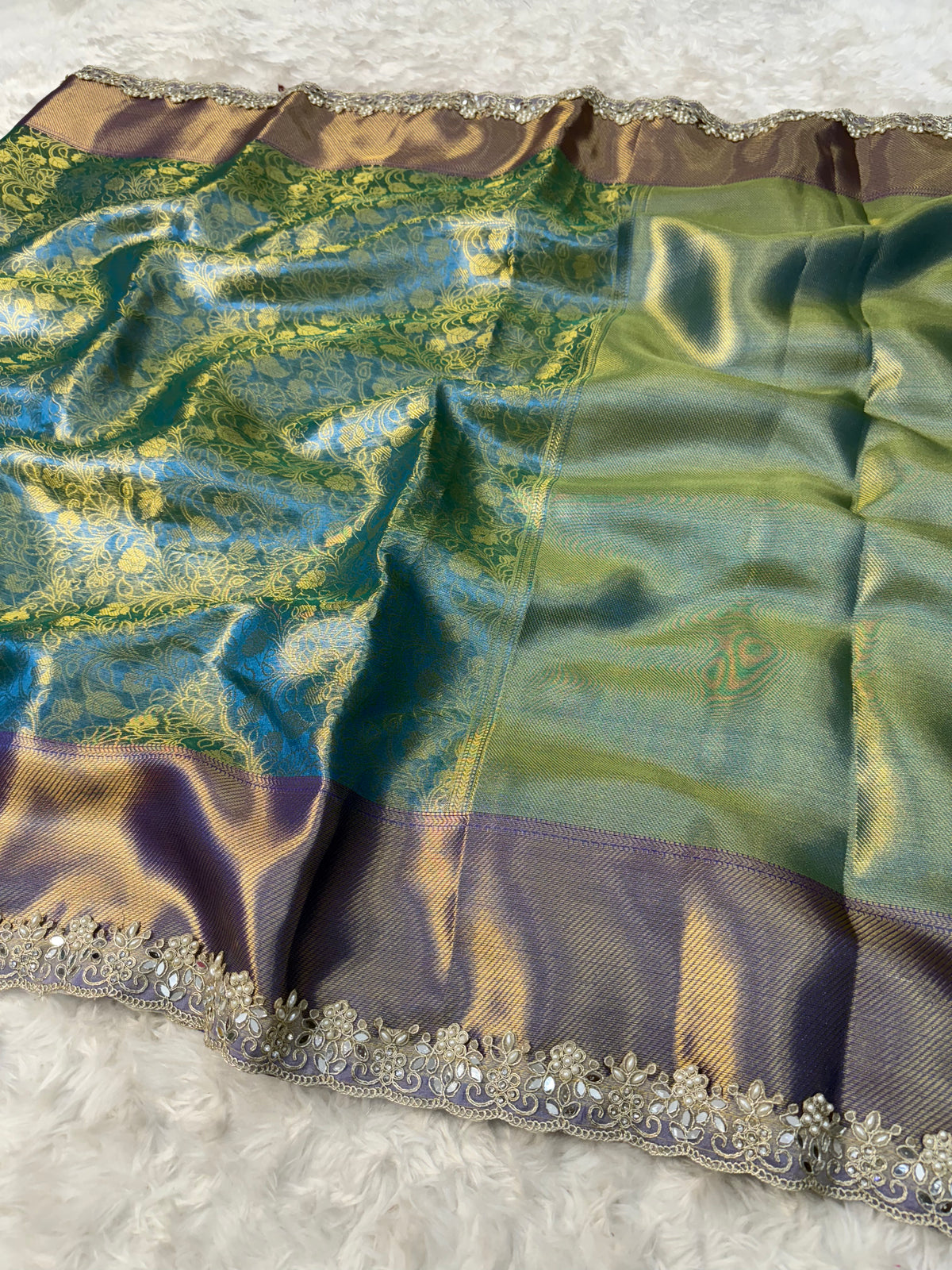 Gratifying Wedding Wear Banarasi Tissue Silk Zari Weaving Border n Heavy Lace Work Fancy Saree For Occasion
