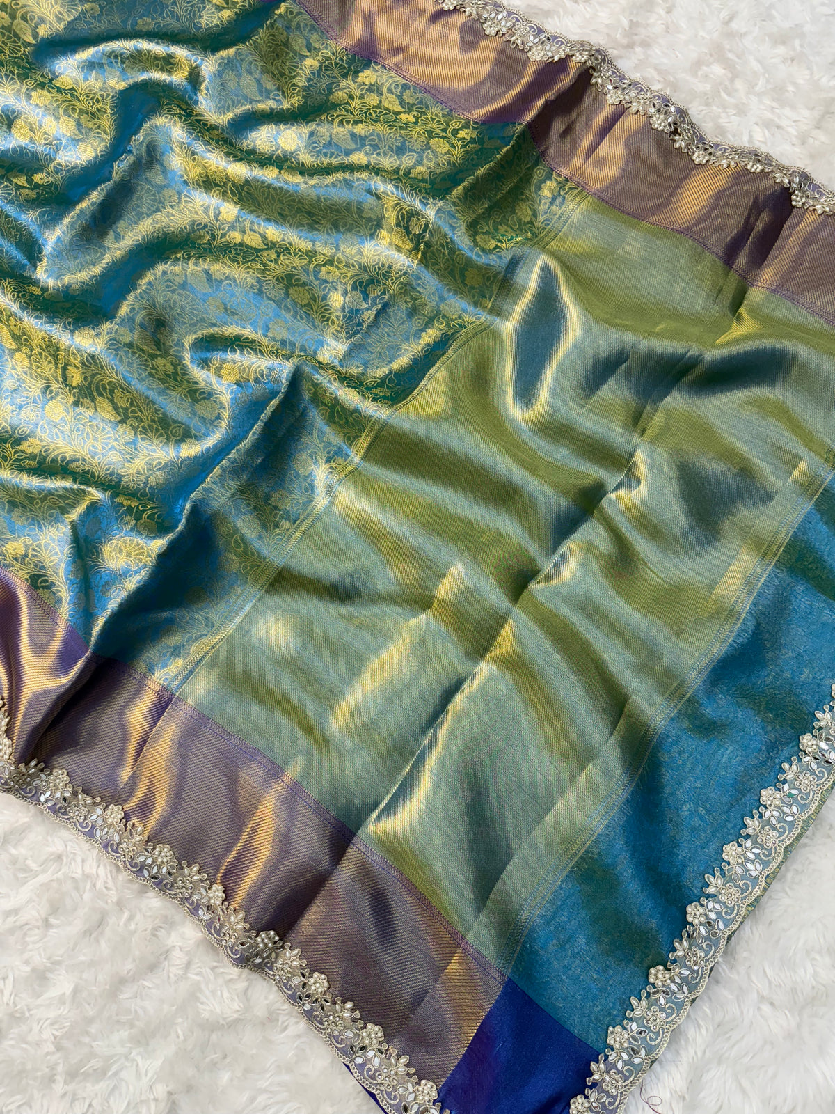 Gratifying Wedding Wear Banarasi Tissue Silk Zari Weaving Border n Heavy Lace Work Fancy Saree For Occasion