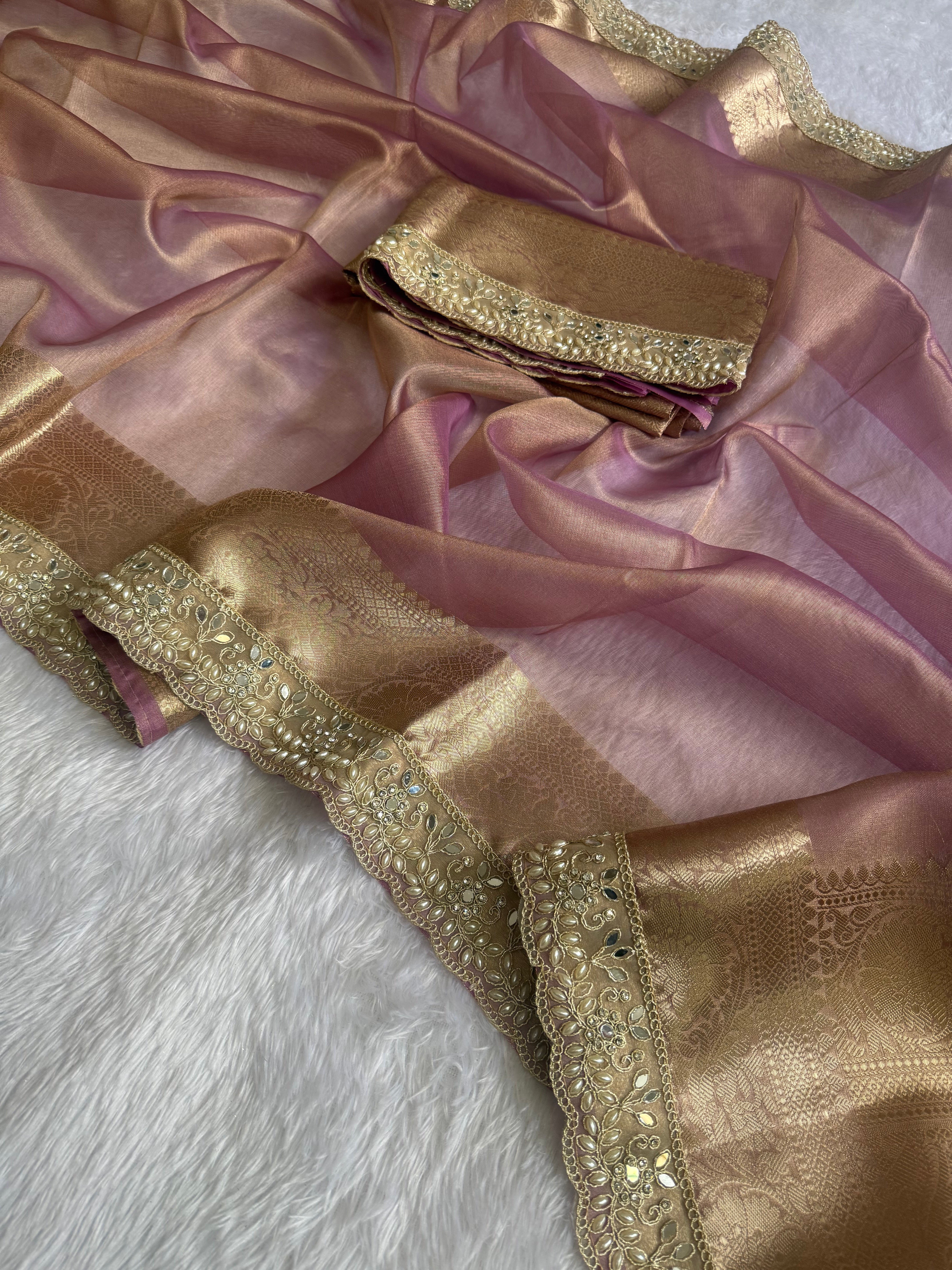 Stunning Wedding Wear Banarasi Tissue Silk Zari Weaving n Diamond Work Designer Saree With Blouse Piece