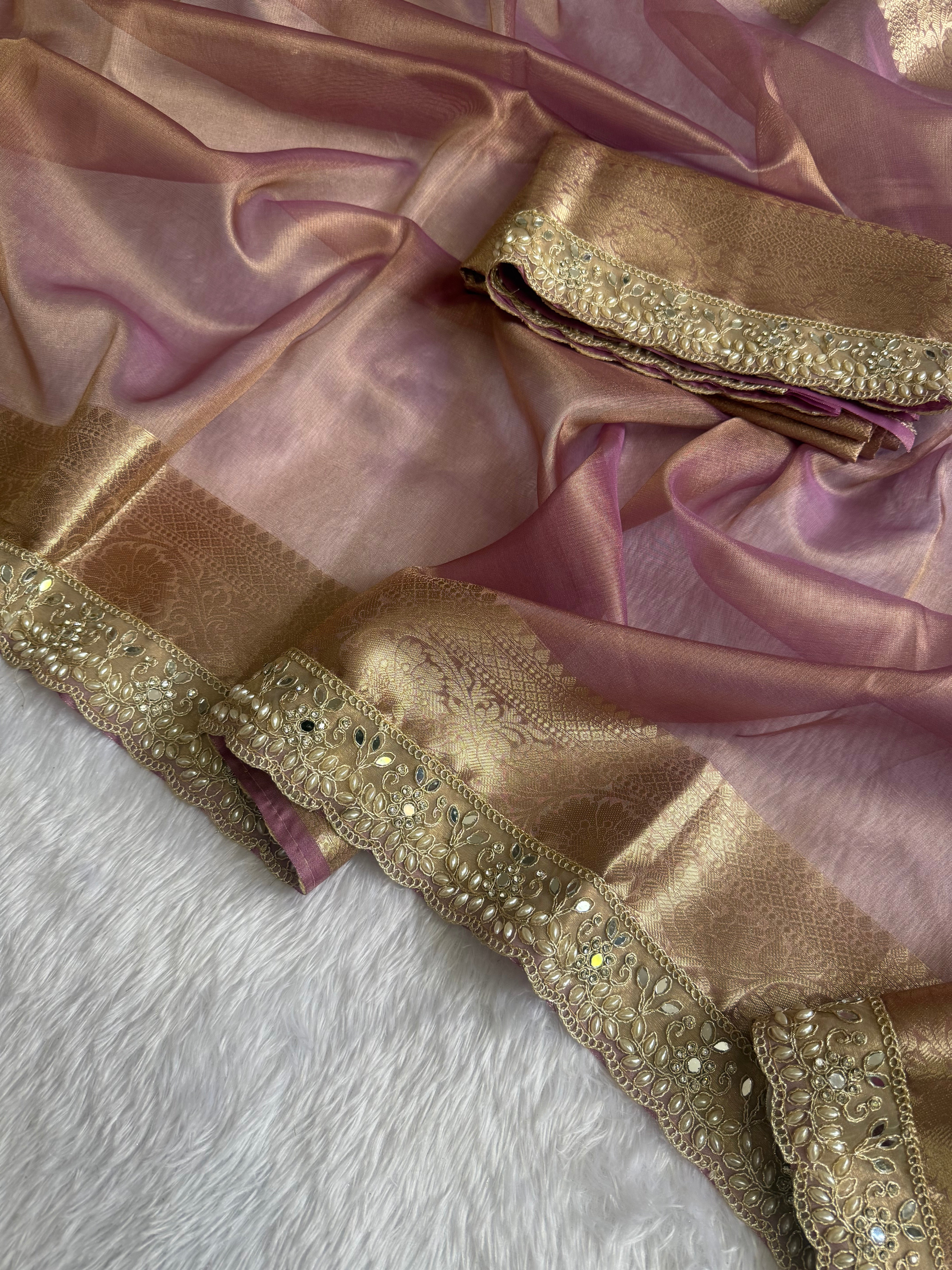 Stunning Wedding Wear Banarasi Tissue Silk Zari Weaving n Diamond Work Designer Saree With Blouse Piece