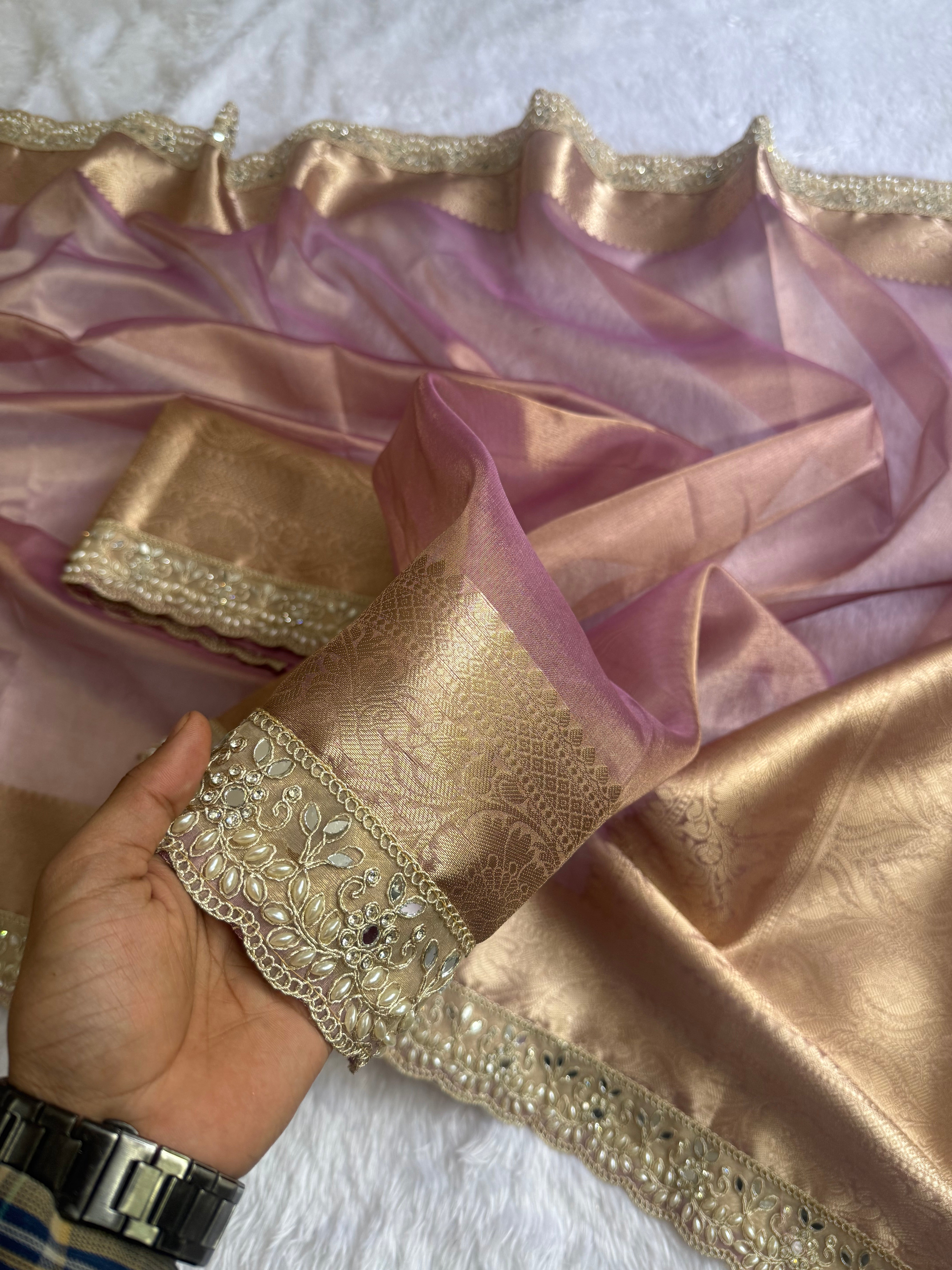 Stunning Wedding Wear Banarasi Tissue Silk Zari Weaving n Diamond Work Designer Saree With Blouse Piece