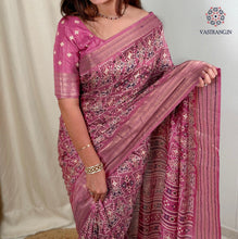 Load image into Gallery viewer, Gorgeous Party Wear Muslin Cotton Ajrakh Print Zari Jacquard Border Tussel Work Fancy Designer Saree
