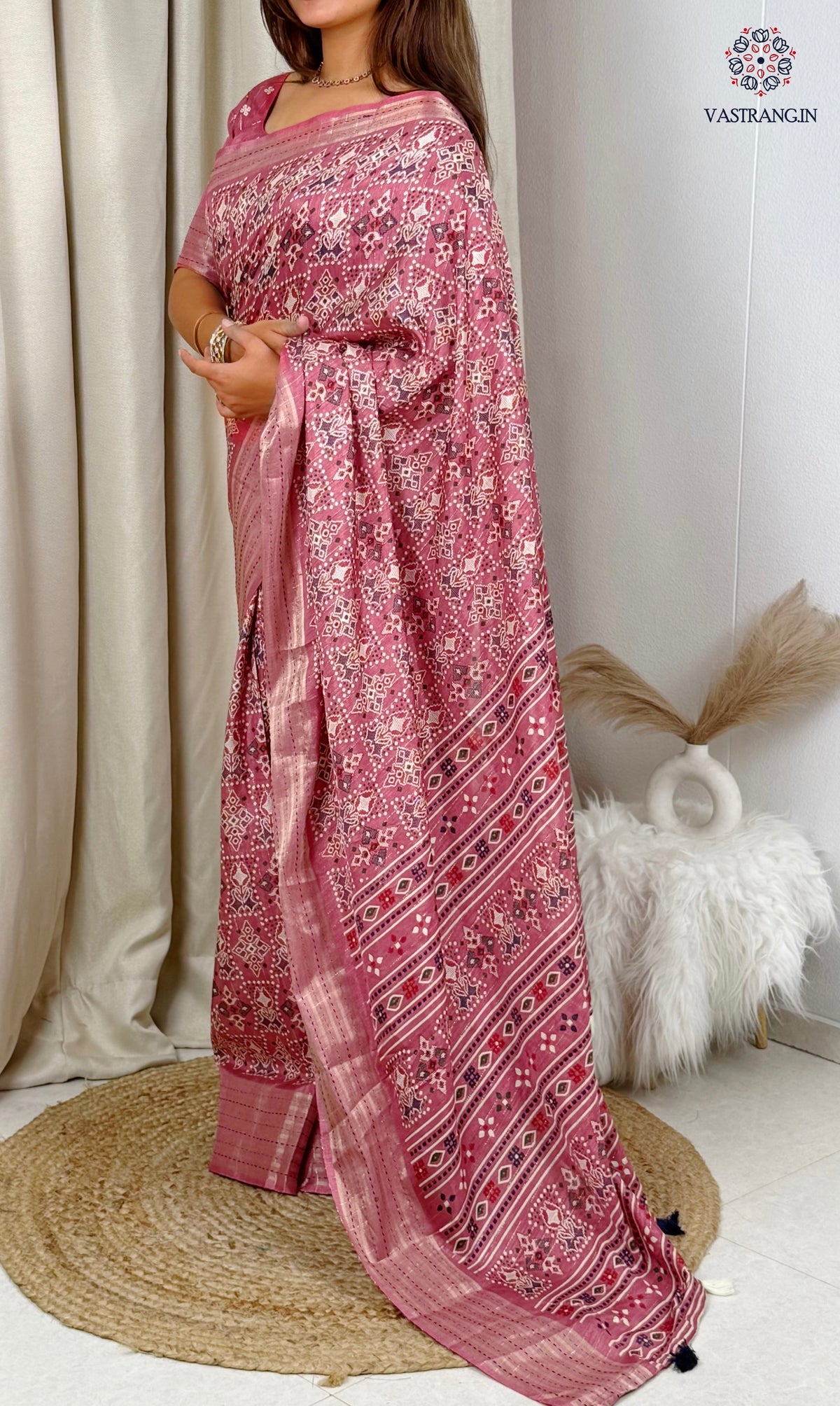 Gorgeous Party Wear Muslin Cotton Ajrakh Print Zari Jacquard Border Tussel Work Fancy Designer Saree