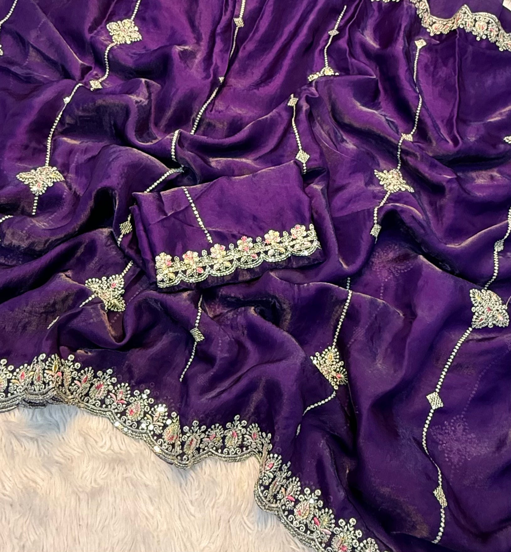 Adorable Function Wear Silk Multi Thread n Sequence Embroidery Work Fancy Designer Saree With Blouse Piece