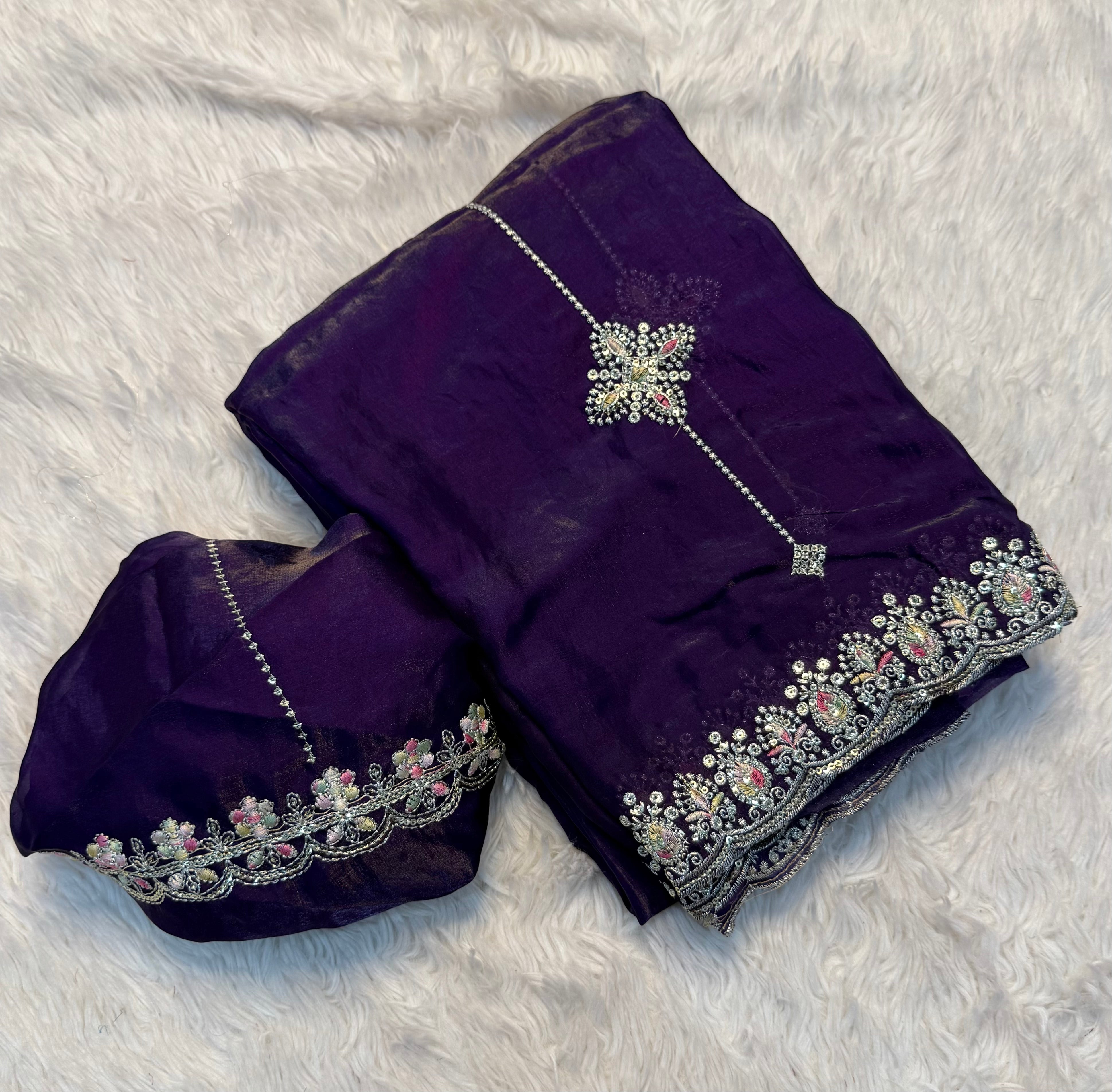 Adorable Function Wear Silk Multi Thread n Sequence Embroidery Work Fancy Designer Saree With Blouse Piece