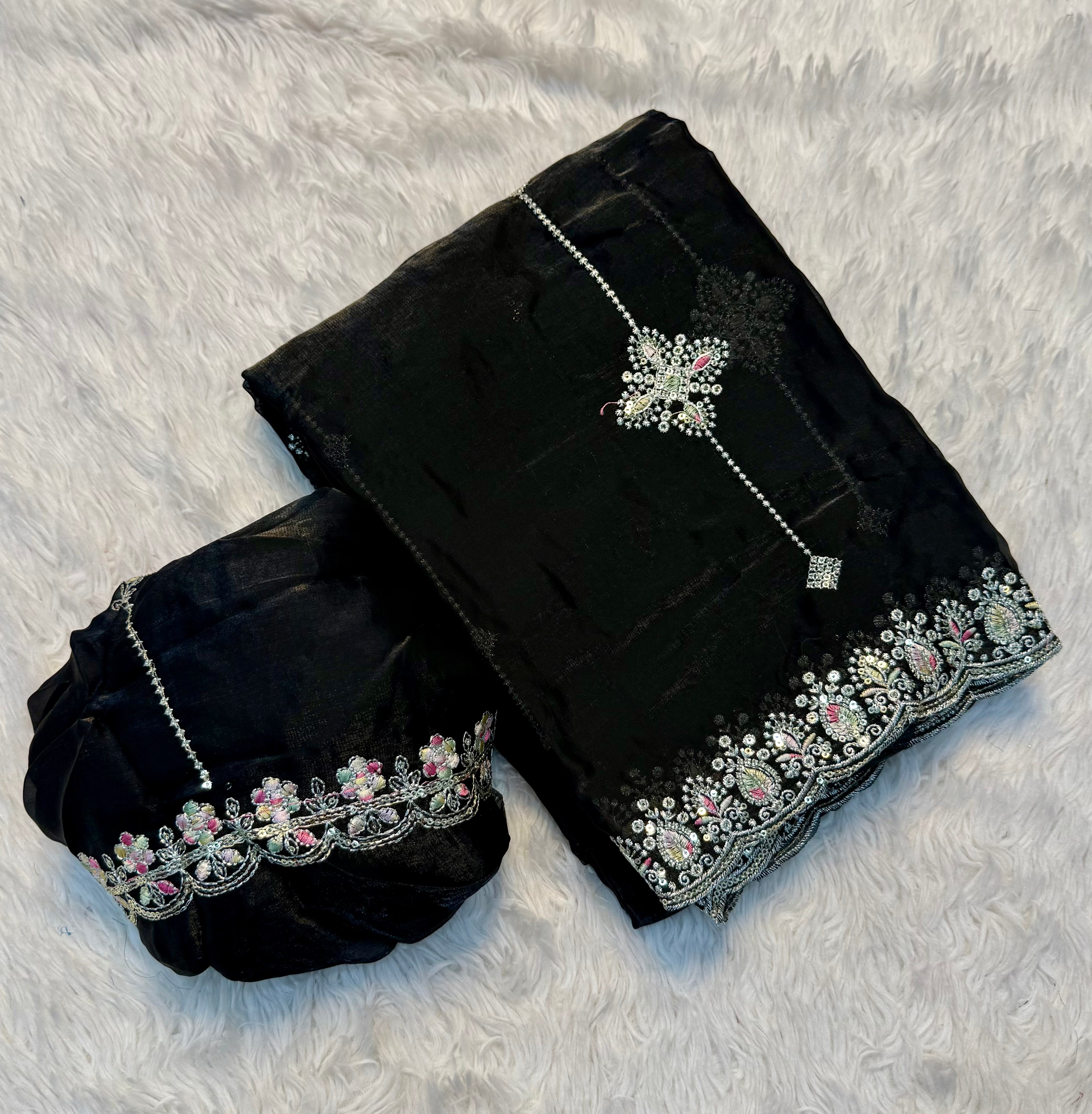 Adorable Function Wear Silk Multi Thread n Sequence Embroidery Work Fancy Designer Saree With Blouse Piece
