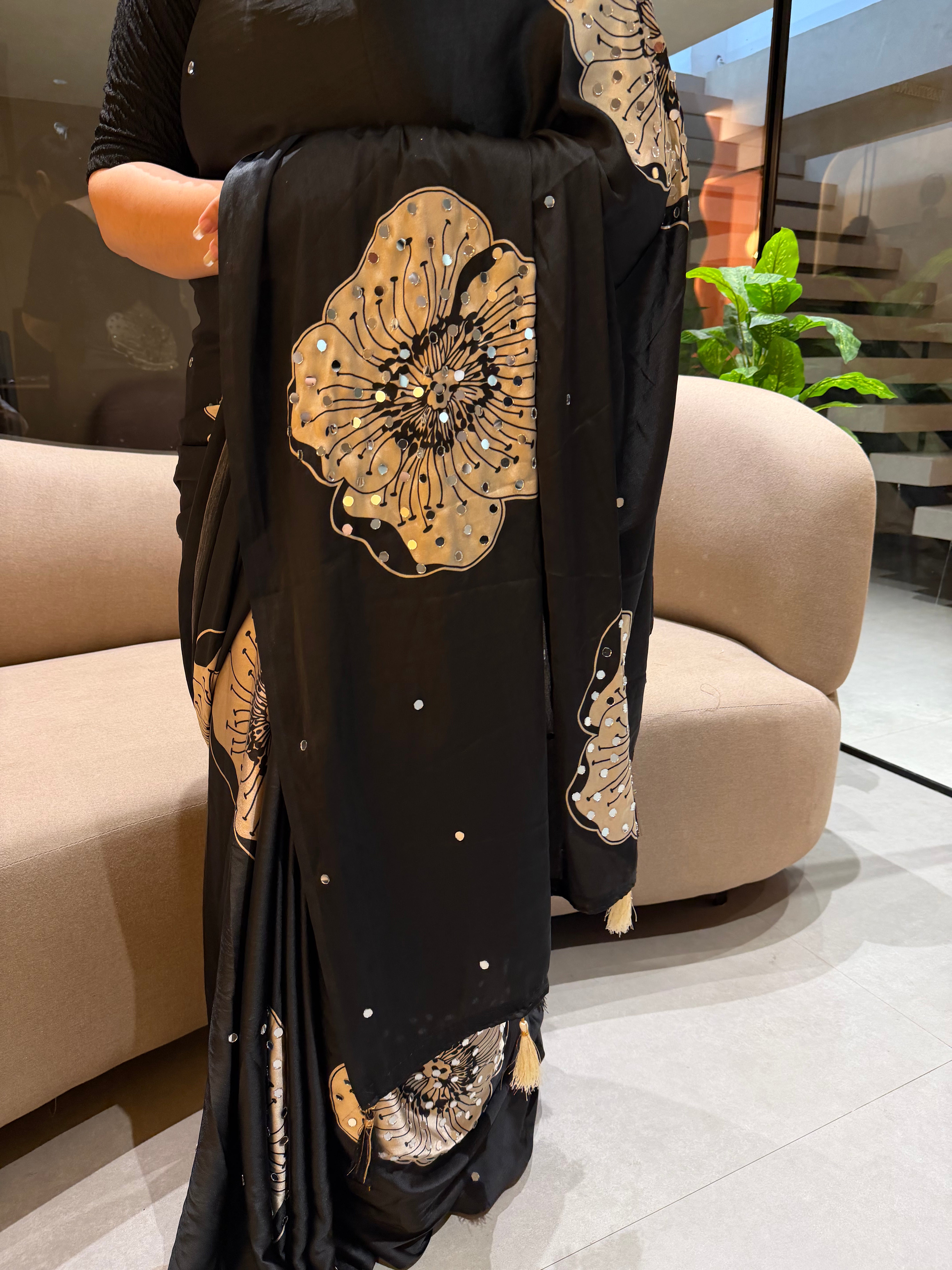 Exuberant Party Wear Satin Silk Mirror Work Designer Saree With Blissful Blouse Piece
