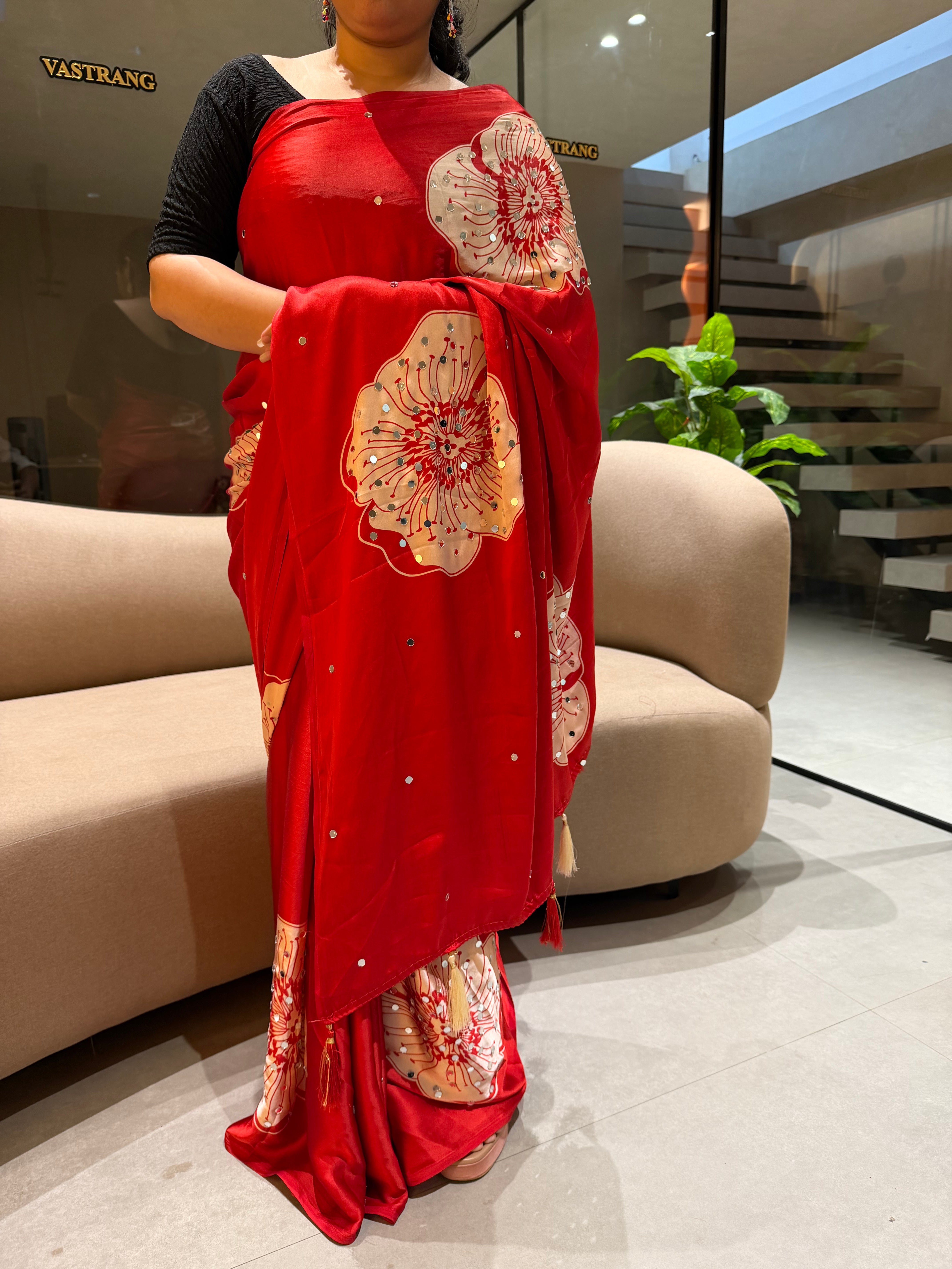 Exuberant Party Wear Satin Silk Mirror Work Designer Saree With Blissful Blouse Piece