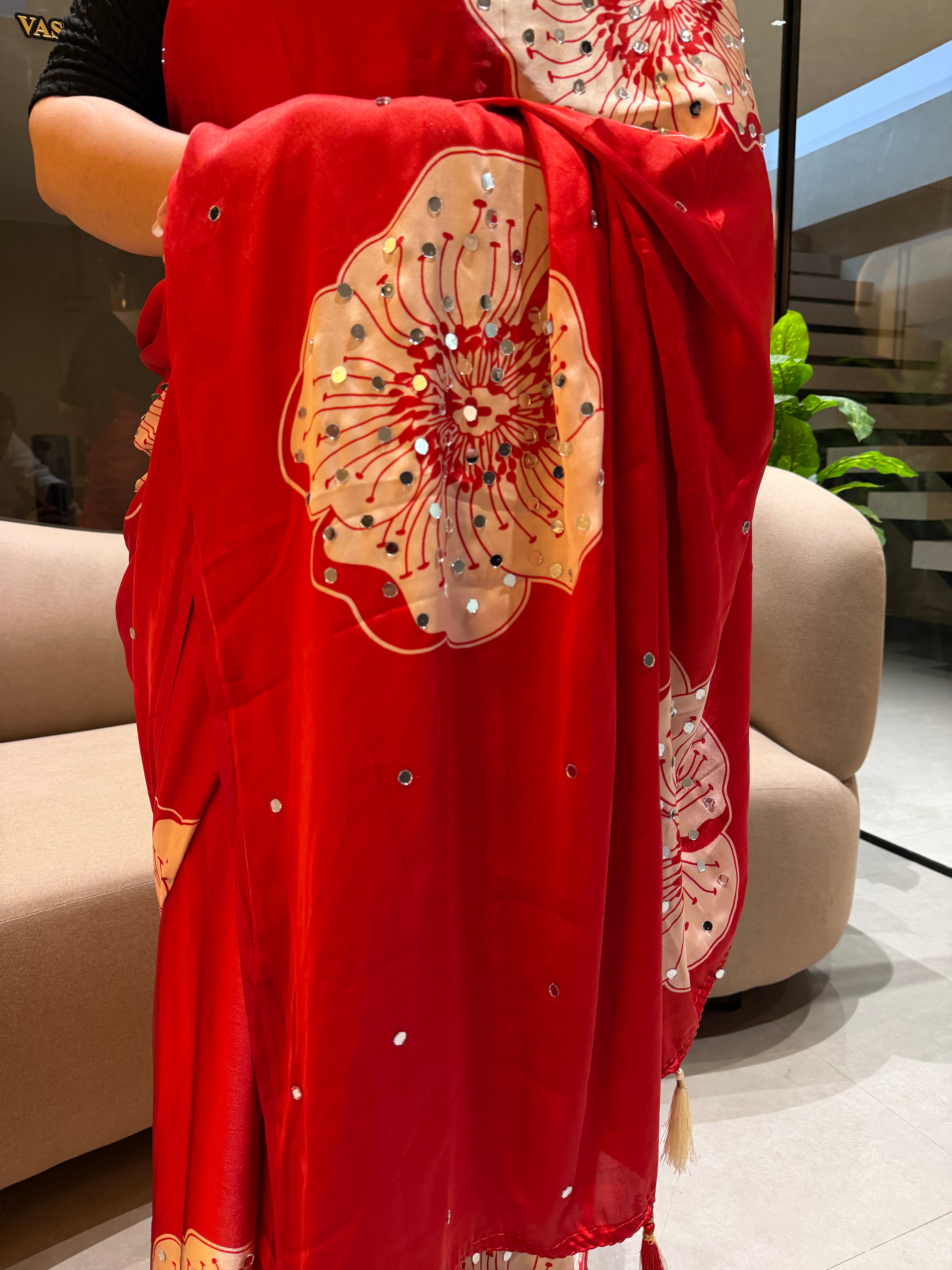 Exuberant Party Wear Satin Silk Mirror Work Designer Saree With Blissful Blouse Piece