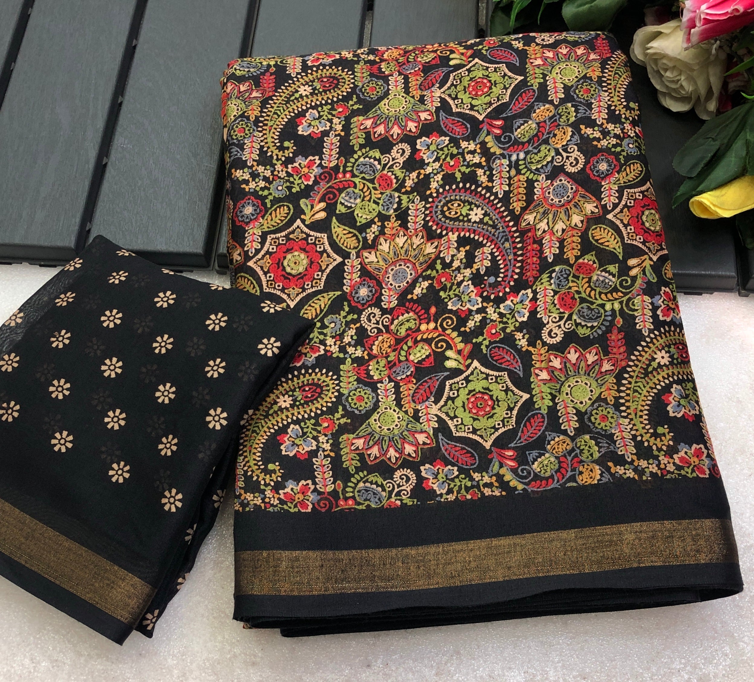Glamorous Festive Wear Cotton Ajrak Printed Zari Weaving Border Fancy Designer Saree With Elegant Blouse Piece