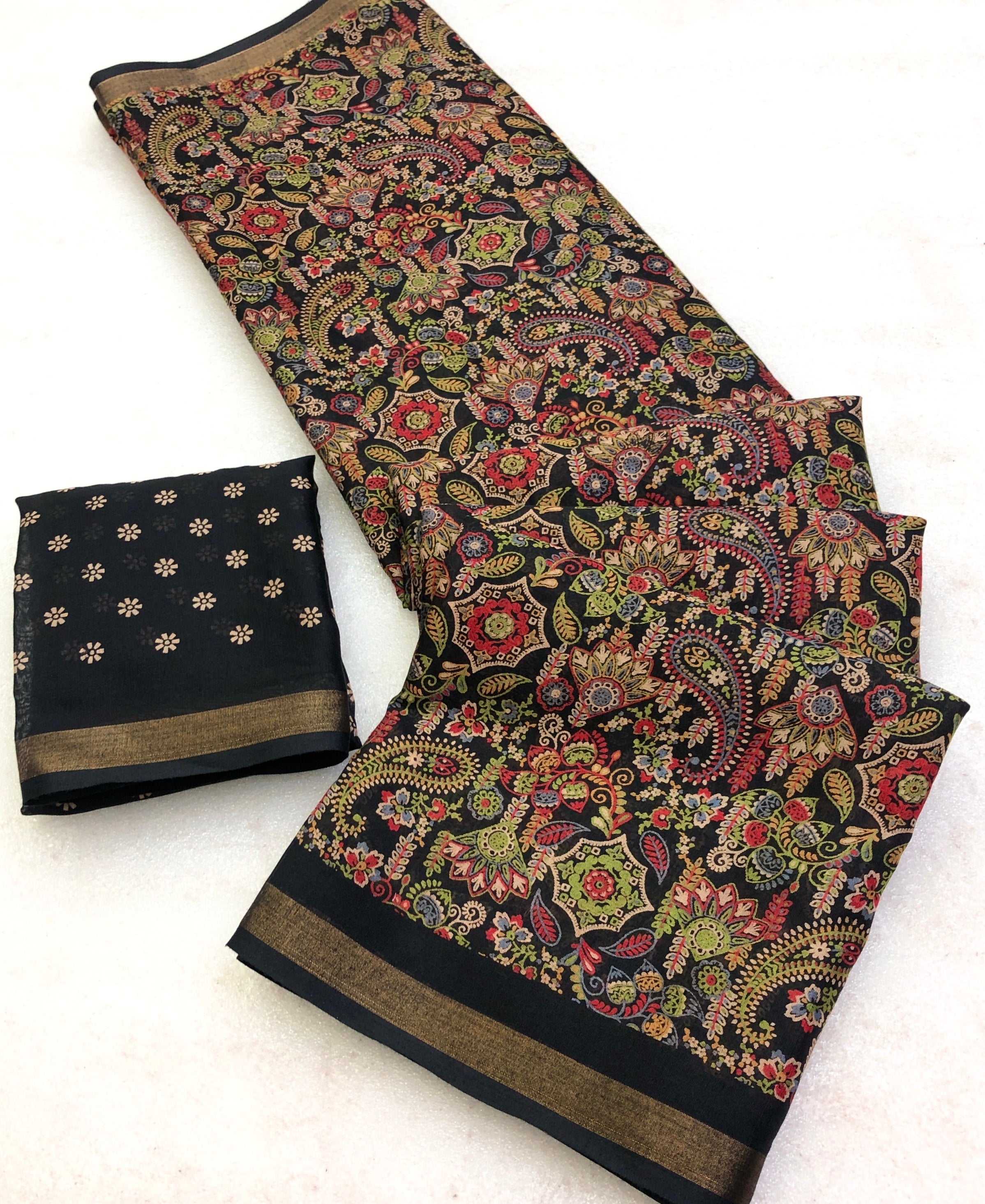Glamorous Festive Wear Cotton Ajrak Printed Zari Weaving Border Fancy Designer Saree With Elegant Blouse Piece