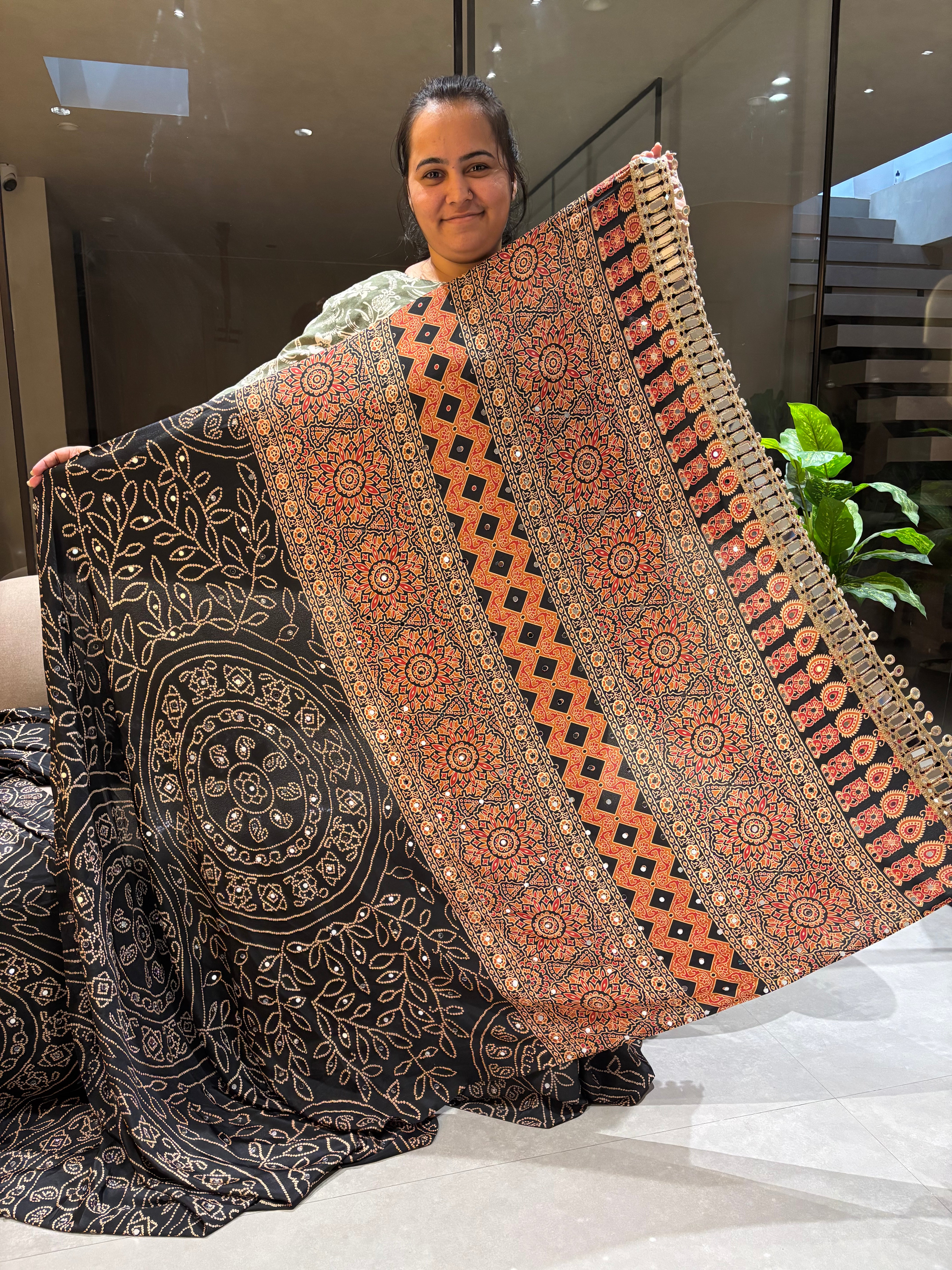 Gratifying Function Wear Pure Satin Silk Ajrak Printed Rich Pallu n Mirror Work Designer Saree With Blouse Piece