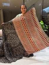 Load image into Gallery viewer, Gratifying Function Wear Pure Satin Silk Ajrak Printed Rich Pallu n Mirror Work Designer Saree With Blouse Piece
