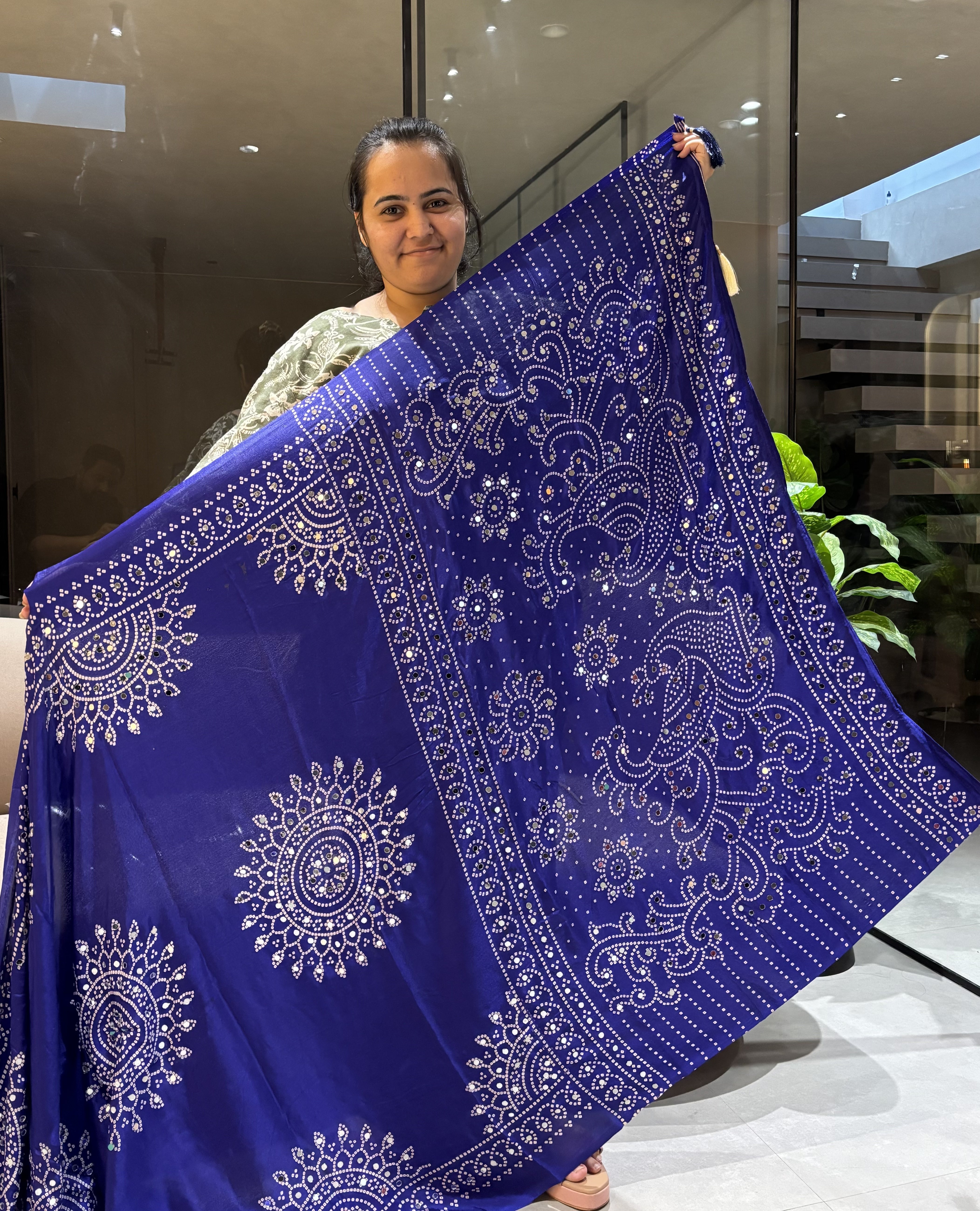 Artisanal Function Wear Pure Satin Silk Ajrak Printed Rich Pallu n Mirror Work Designer Saree
