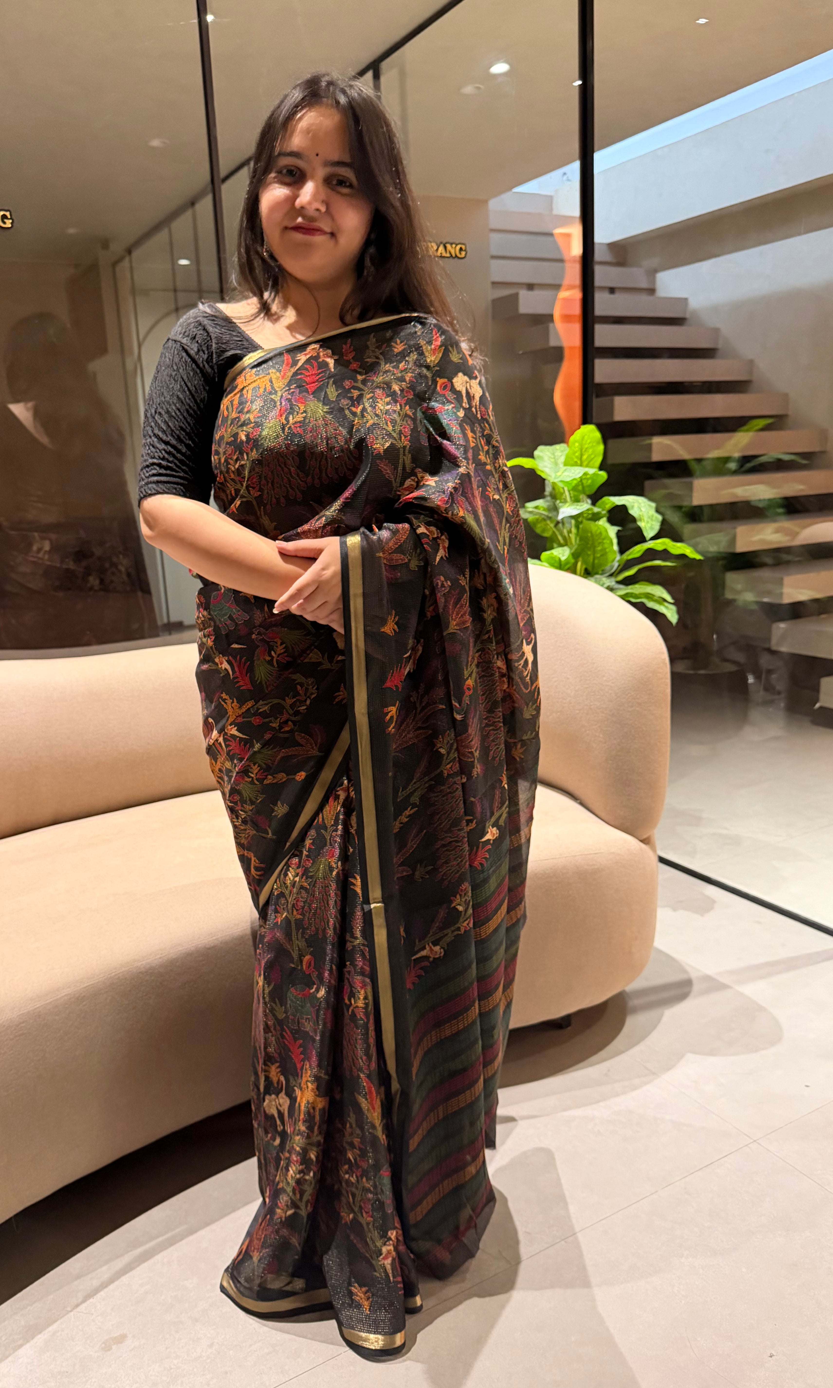 Gratifying Festive Wear Chiffon Silk Print Design Zari Border Designer Saree With Blouse Piece