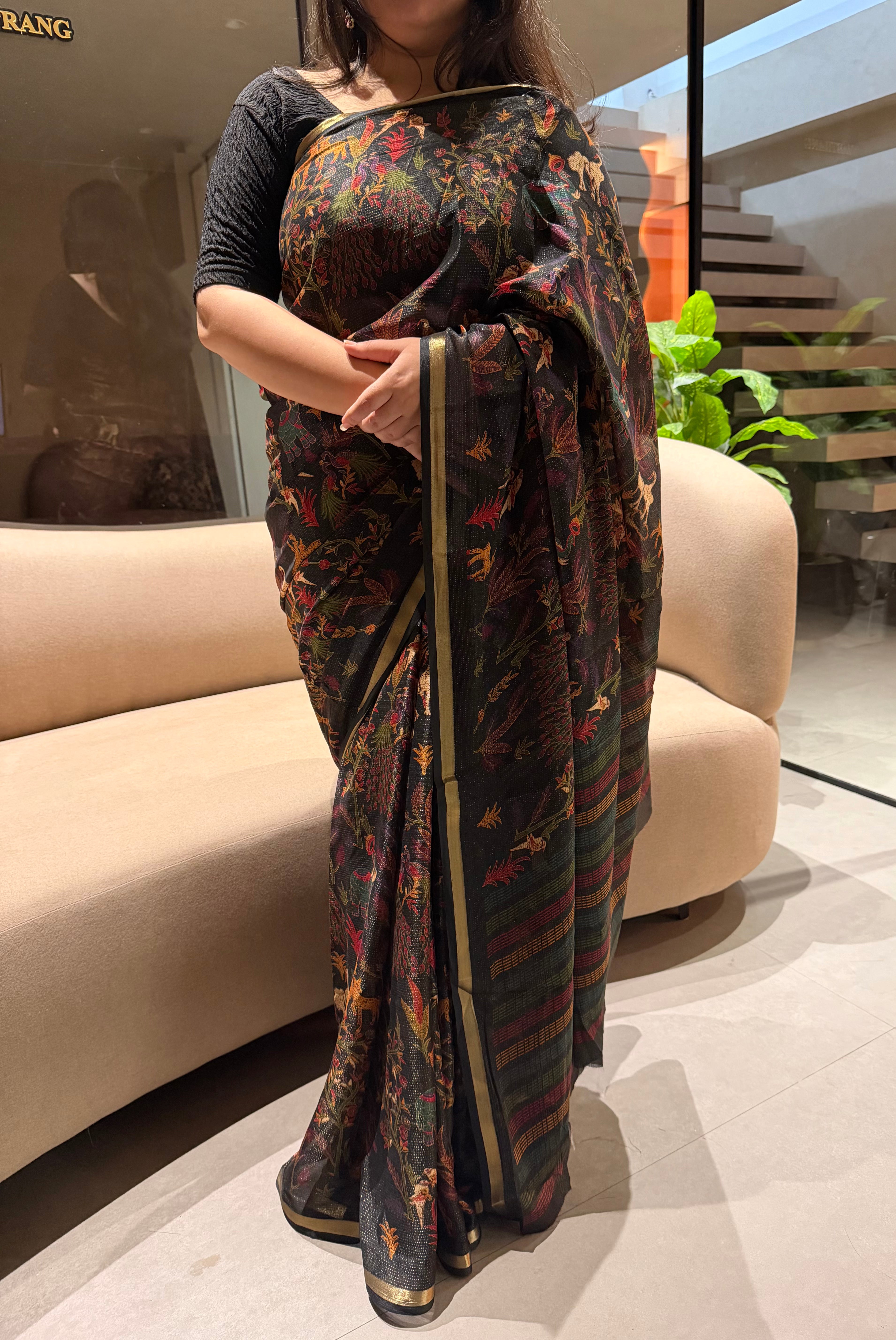 Gratifying Festive Wear Chiffon Silk Print Design Zari Border Designer Saree With Blouse Piece