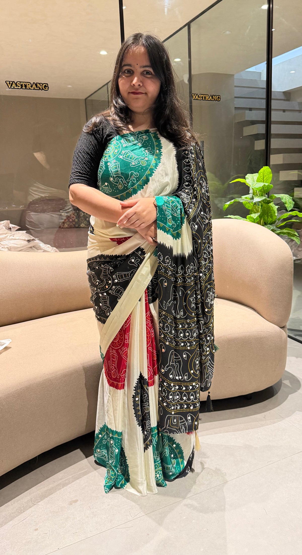 Whimsical Function Wear Satin Silk Real Mirror n Ajrak Print Fancy Saree With Blouse Piece