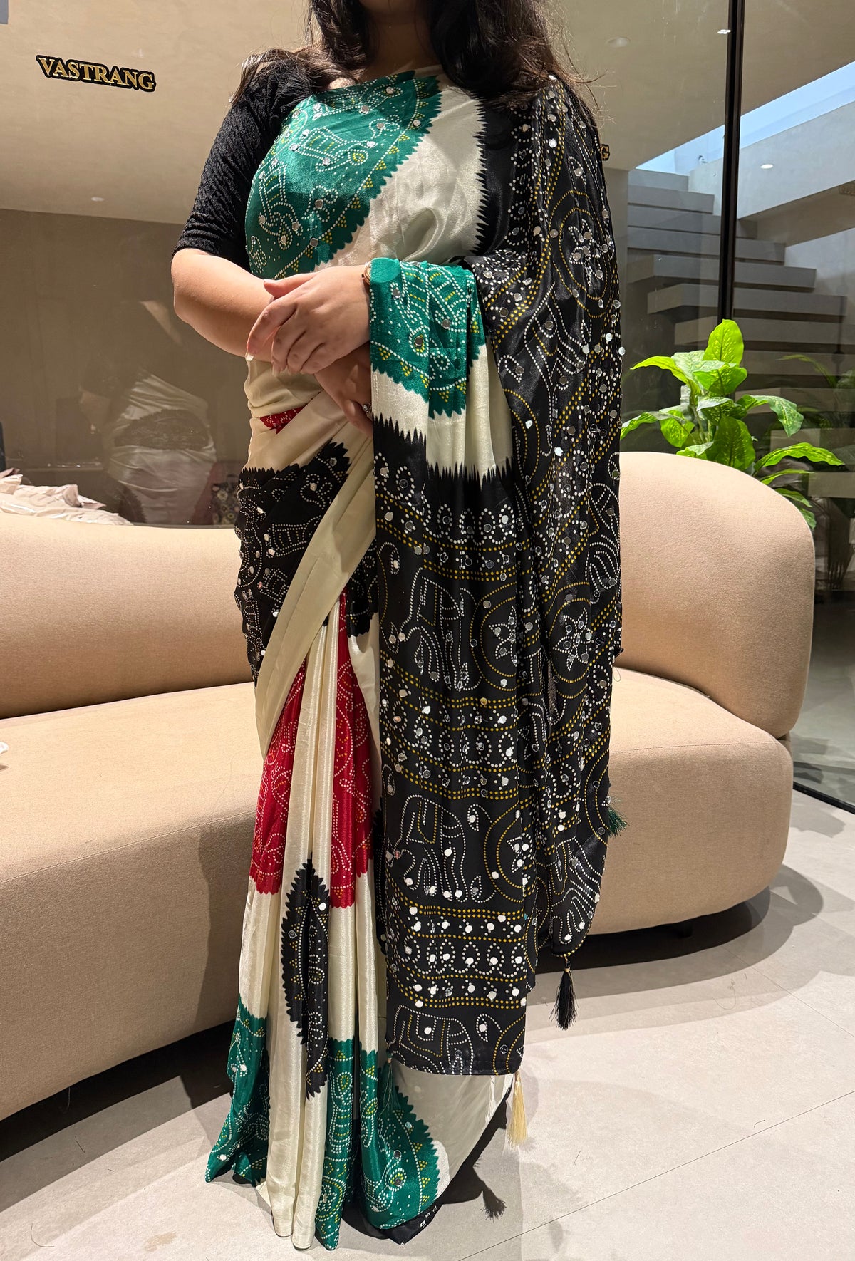 Whimsical Function Wear Satin Silk Real Mirror n Ajrak Print Fancy Saree With Blouse Piece