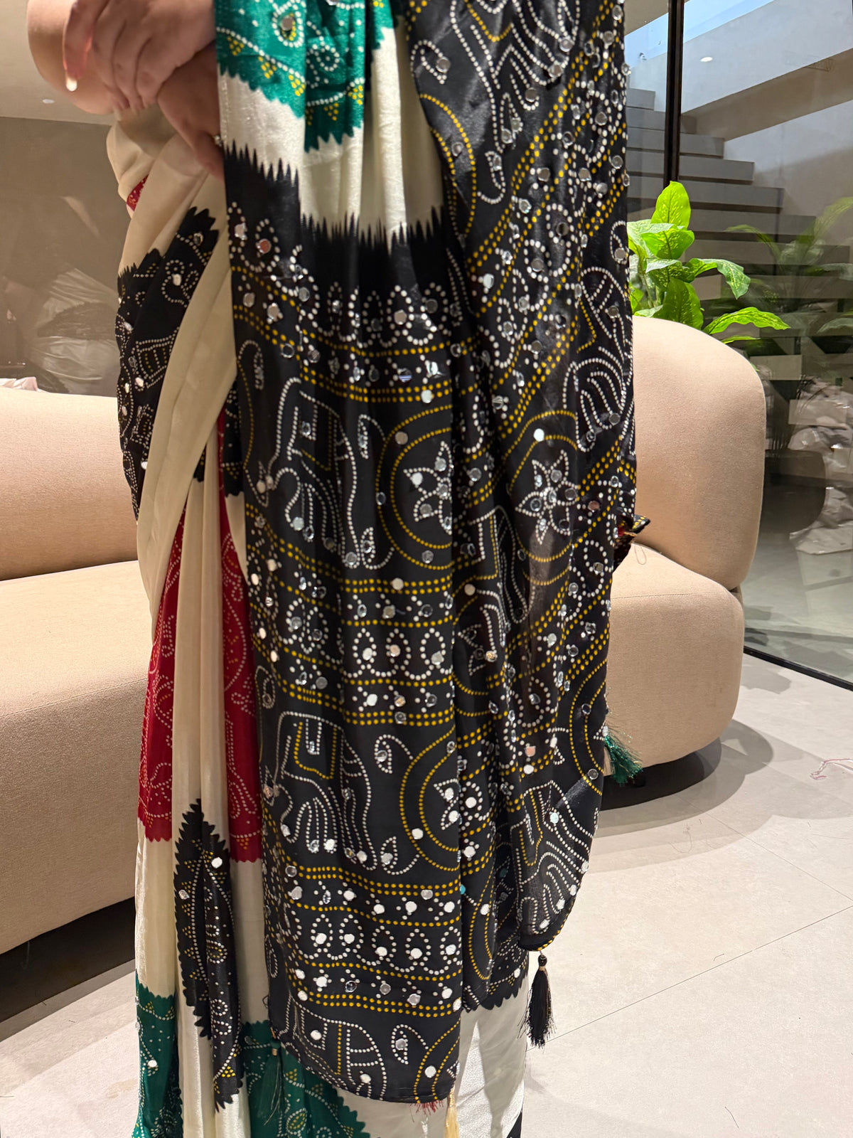 Whimsical Function Wear Satin Silk Real Mirror n Ajrak Print Fancy Saree With Blouse Piece