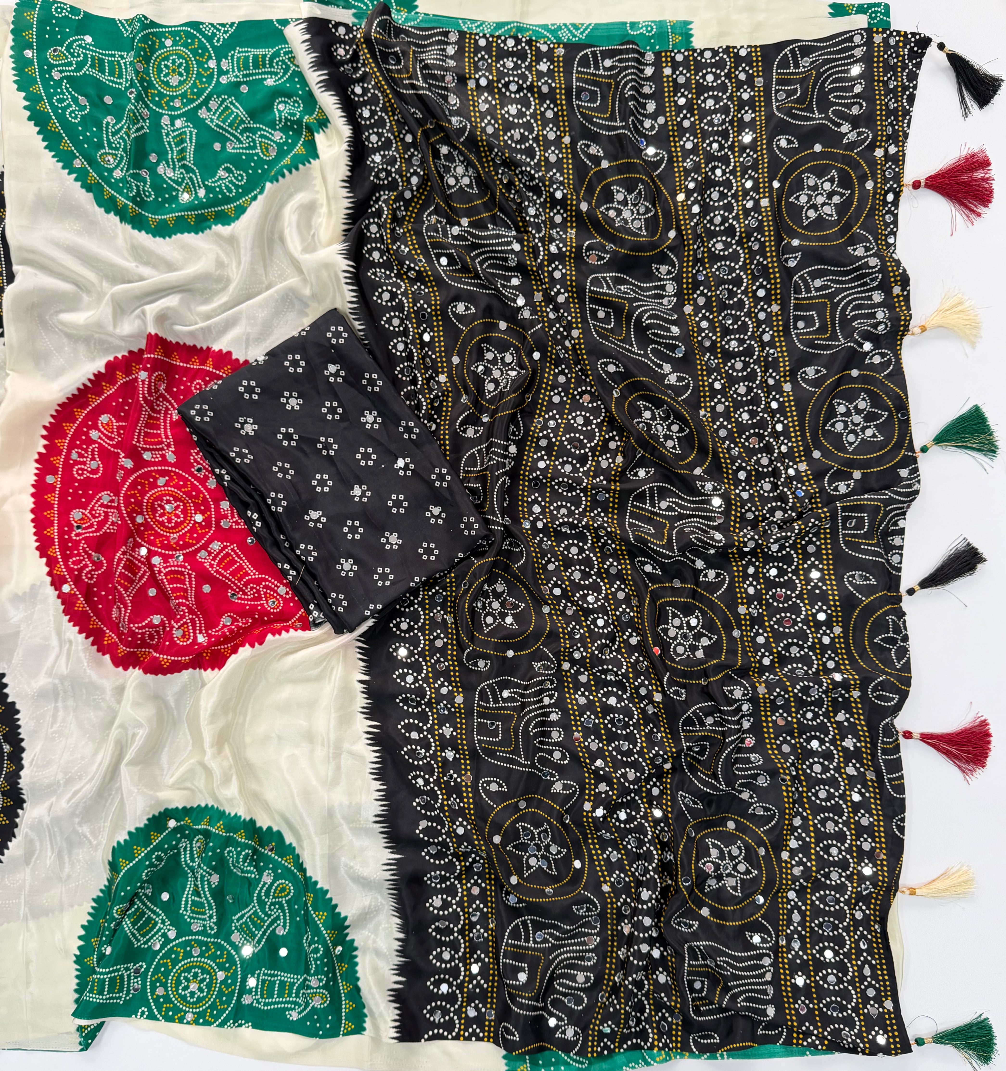 Whimsical Function Wear Satin Silk Real Mirror n Ajrak Print Fancy Saree With Blouse Piece