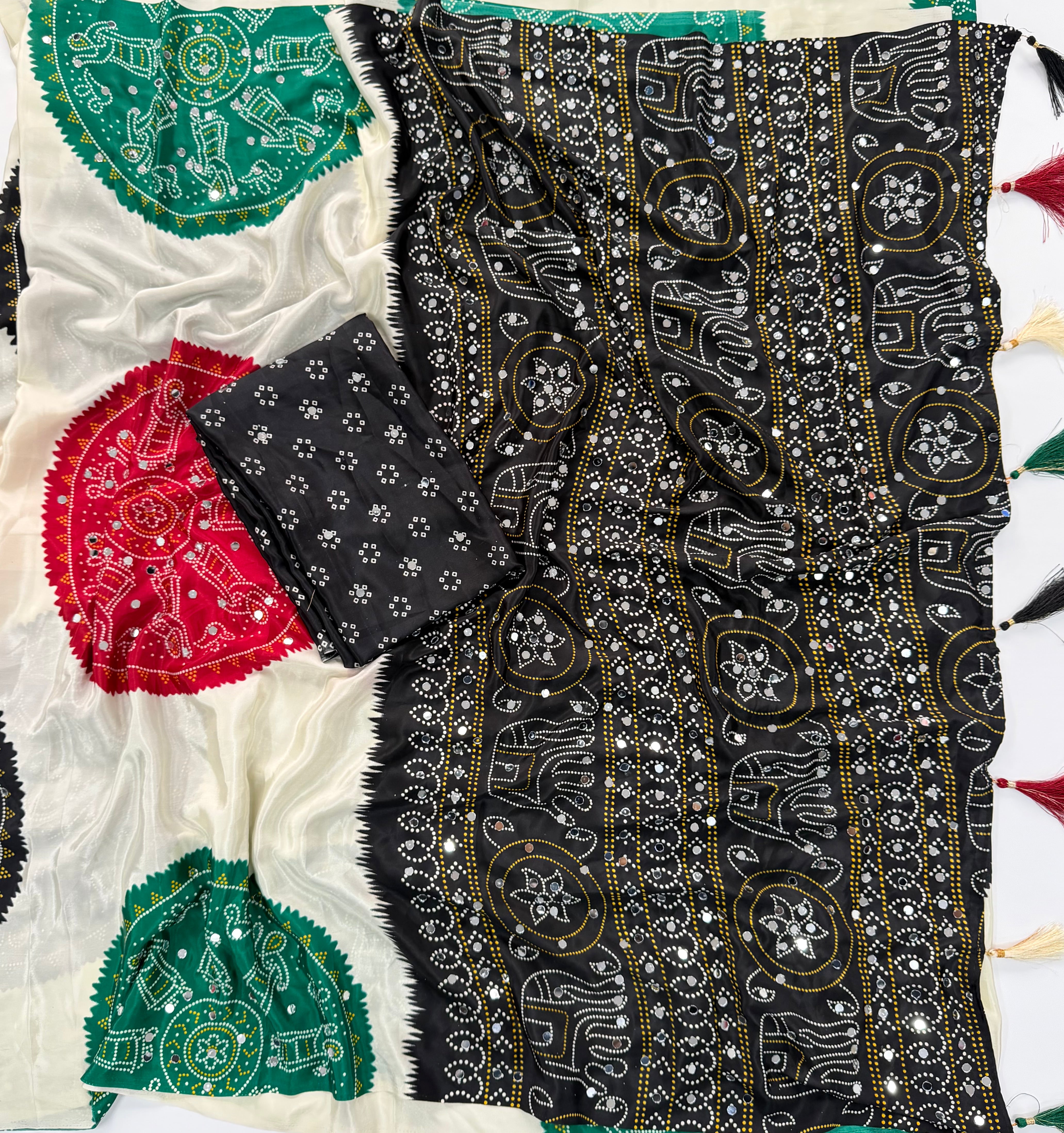 Whimsical Function Wear Satin Silk Real Mirror n Ajrak Print Fancy Saree With Blouse Piece