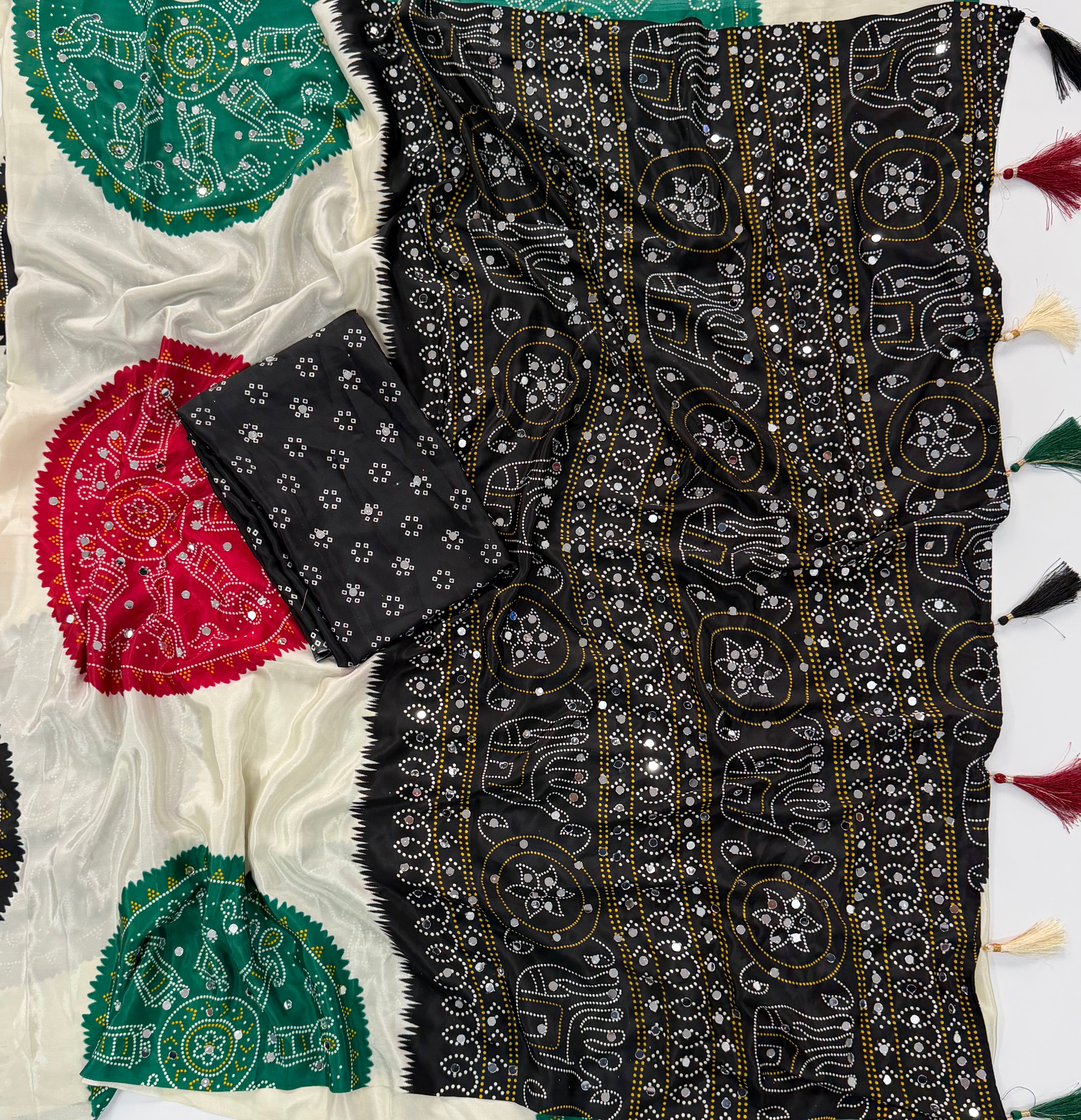 Whimsical Function Wear Satin Silk Real Mirror n Ajrak Print Fancy Saree With Blouse Piece