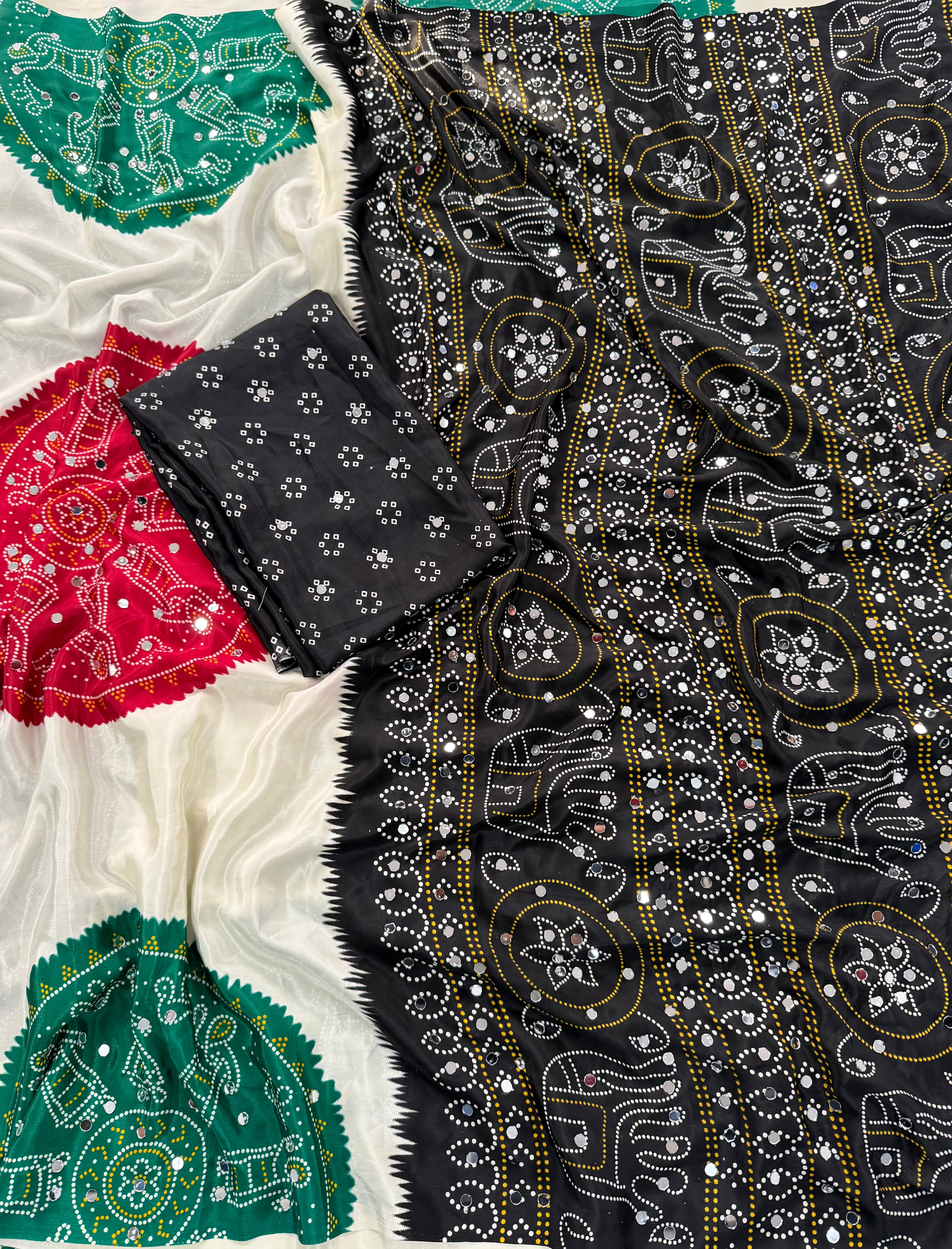 Whimsical Function Wear Satin Silk Real Mirror n Ajrak Print Fancy Saree With Blouse Piece