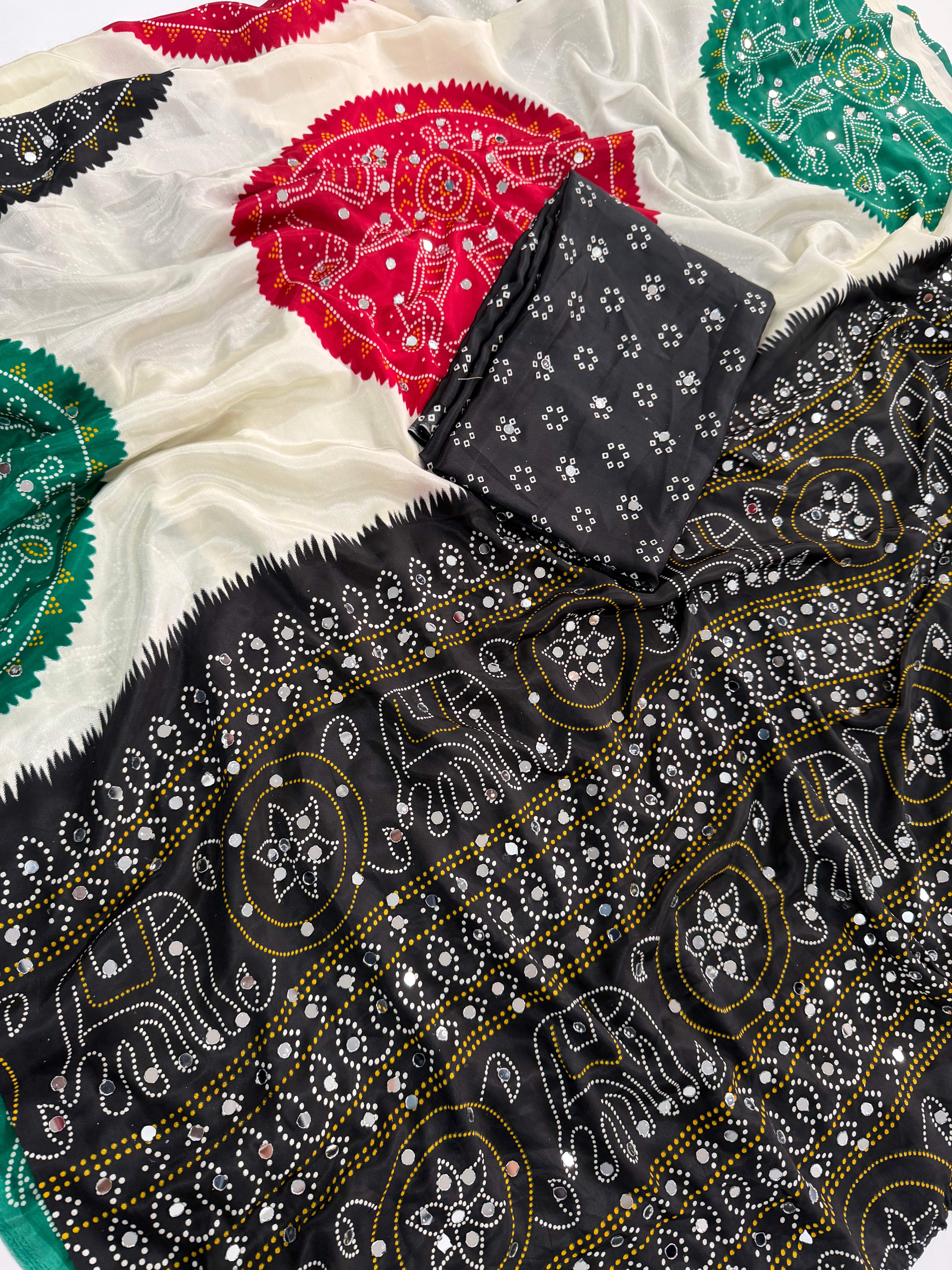 Whimsical Function Wear Satin Silk Real Mirror n Ajrak Print Fancy Saree With Blouse Piece