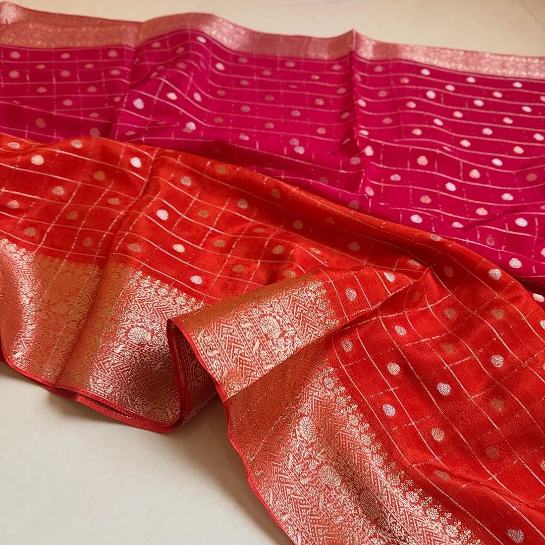 Delightful Festive Wear Double Shaded Chinnon Jacquard Weaving Border Fancy Designer Saree