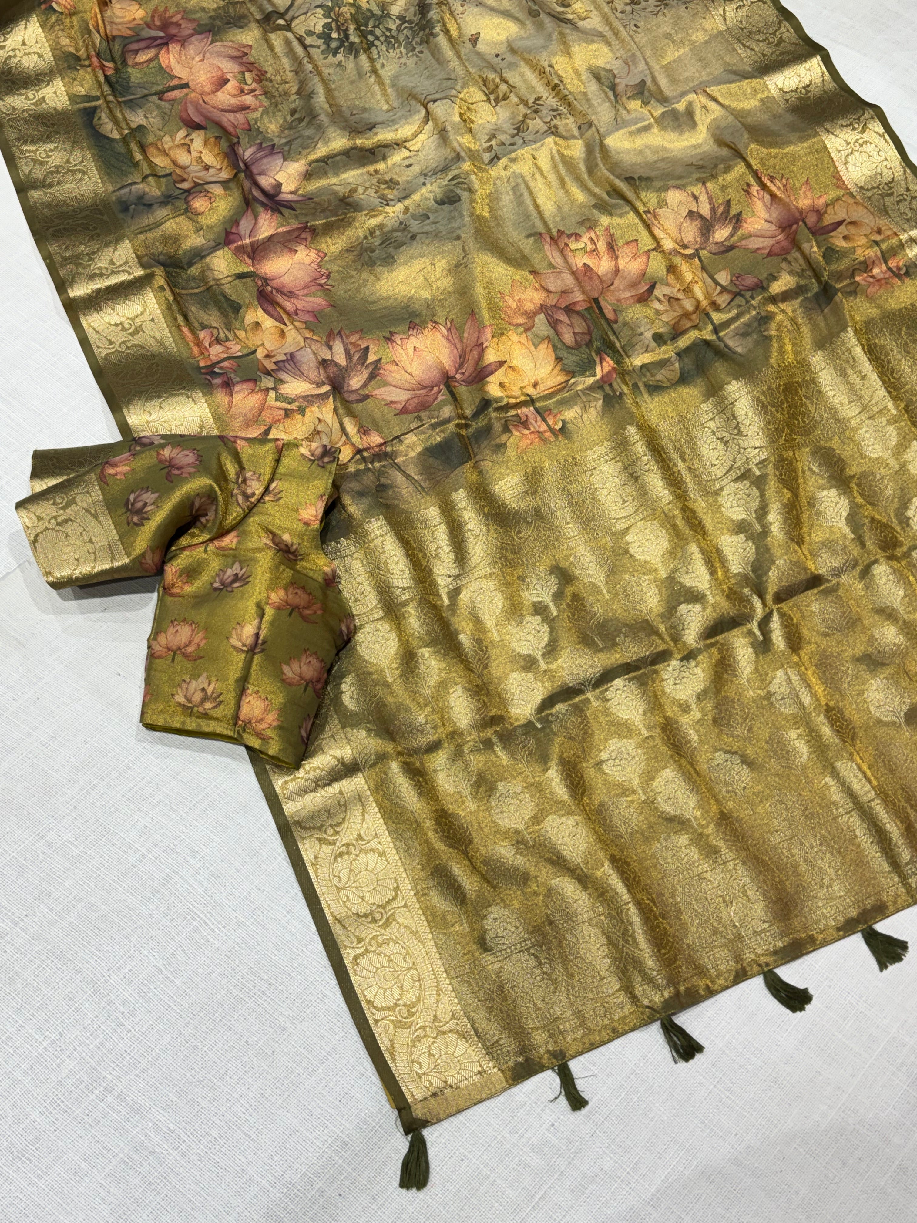 Divine Wedding Wear Tissue Silk Zari Weaving Border Rich Pallu Designer Saree With Unstitched Blouse Piece