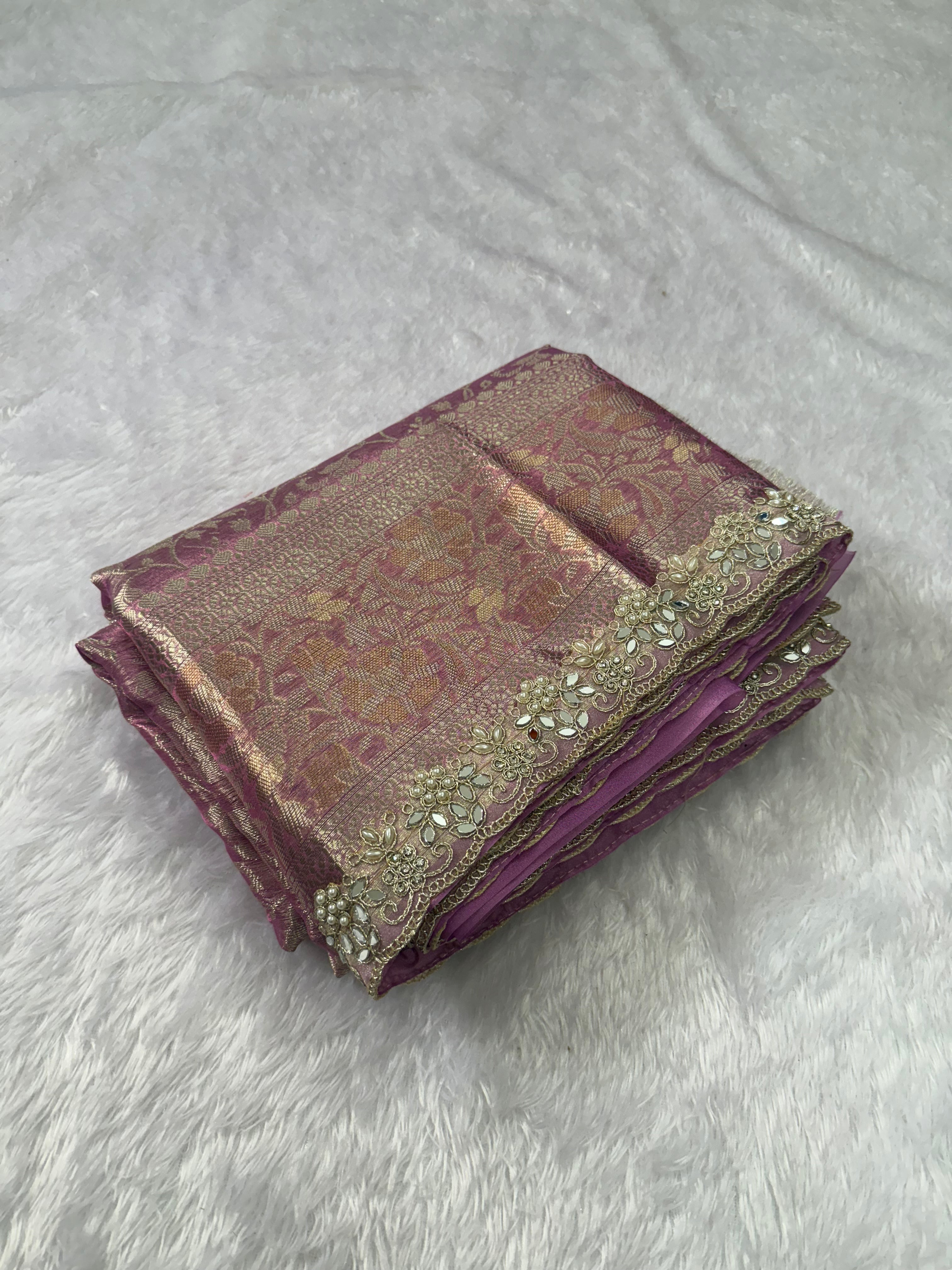 Attractive Wedding  Wear Tissue Silk Zari Weaving Mirror n Cut Work Border Designer Saree For Occasion