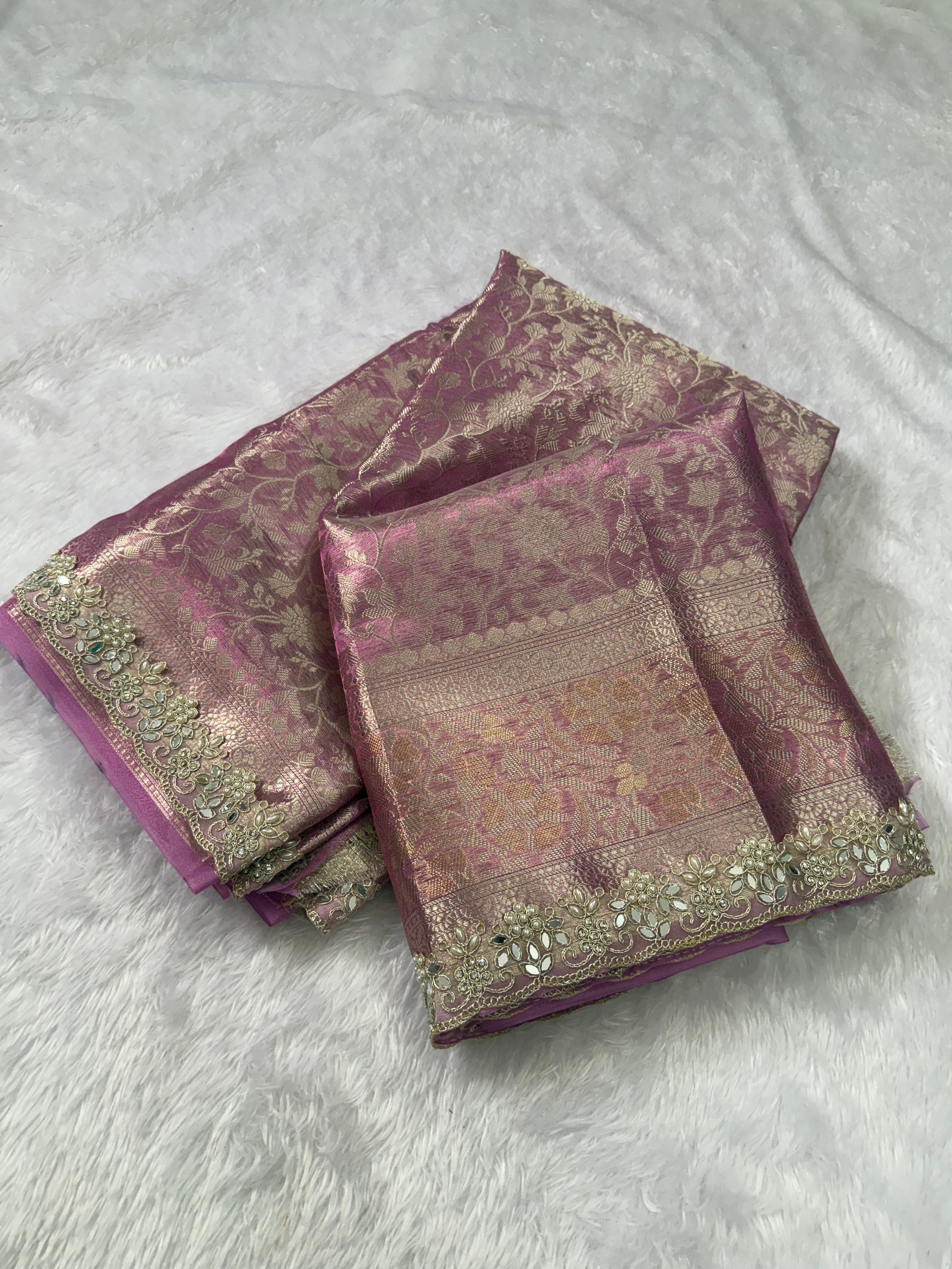 Attractive Wedding  Wear Tissue Silk Zari Weaving Mirror n Cut Work Border Designer Saree For Occasion