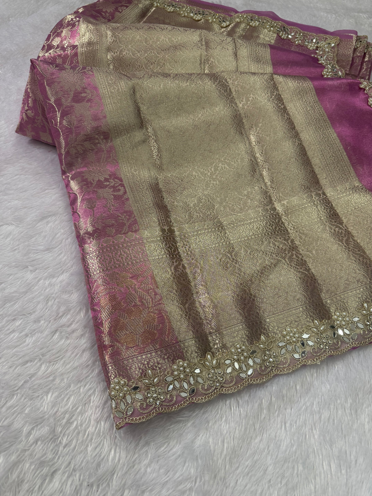 Attractive Wedding  Wear Tissue Silk Zari Weaving Mirror n Cut Work Border Designer Saree For Occasion