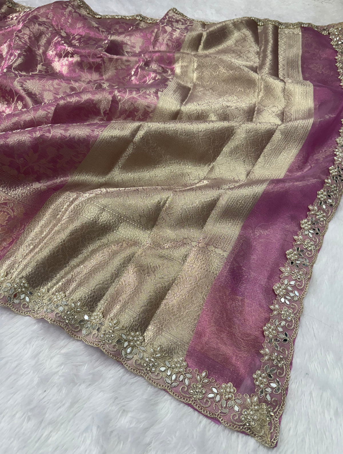 Attractive Wedding  Wear Tissue Silk Zari Weaving Mirror n Cut Work Border Designer Saree For Occasion