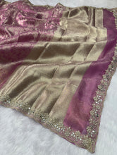 Load image into Gallery viewer, Attractive Wedding  Wear Tissue Silk Zari Weaving Mirror n Cut Work Border Designer Saree For Occasion
