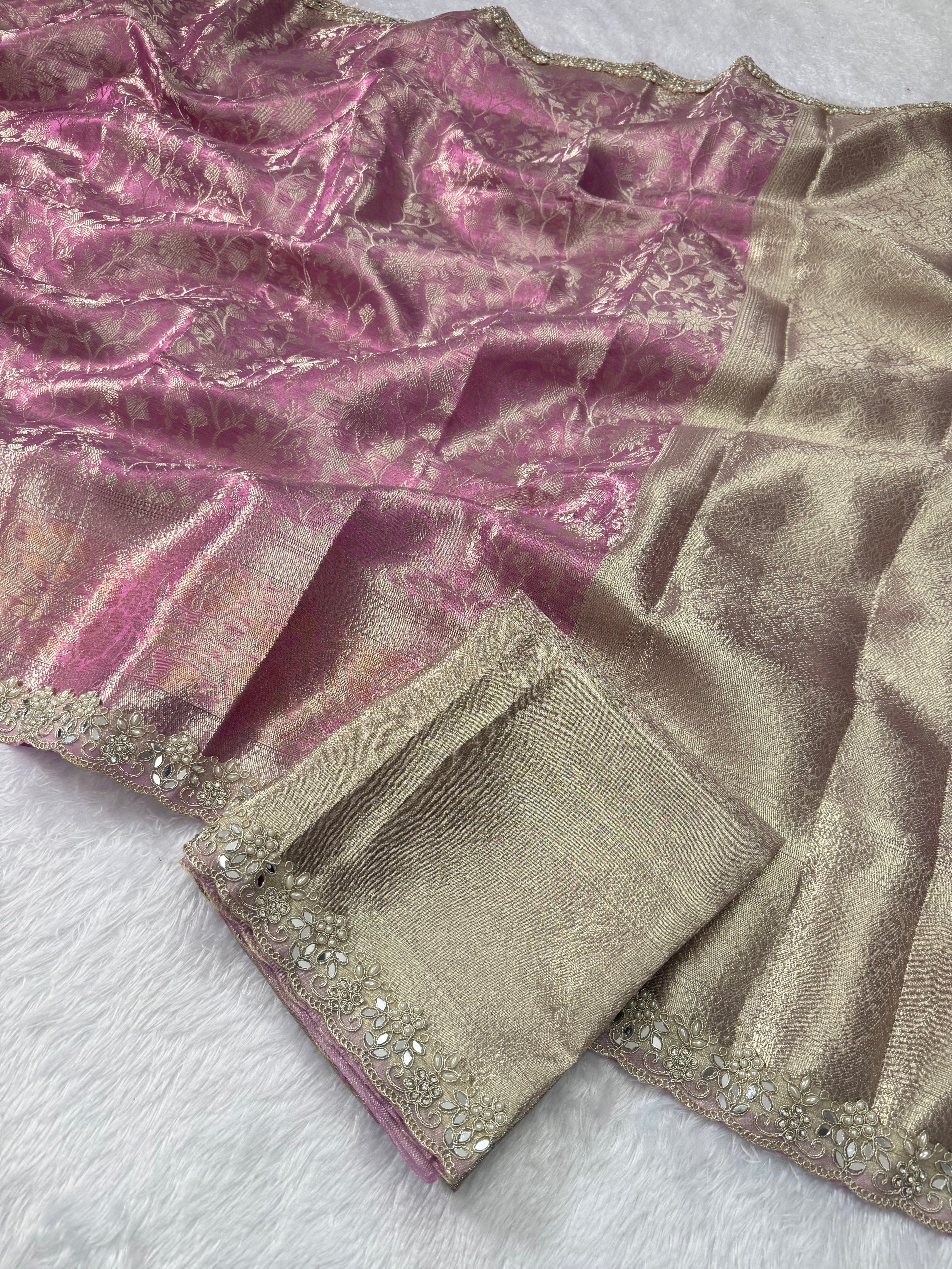 Attractive Wedding  Wear Tissue Silk Zari Weaving Mirror n Cut Work Border Designer Saree For Occasion