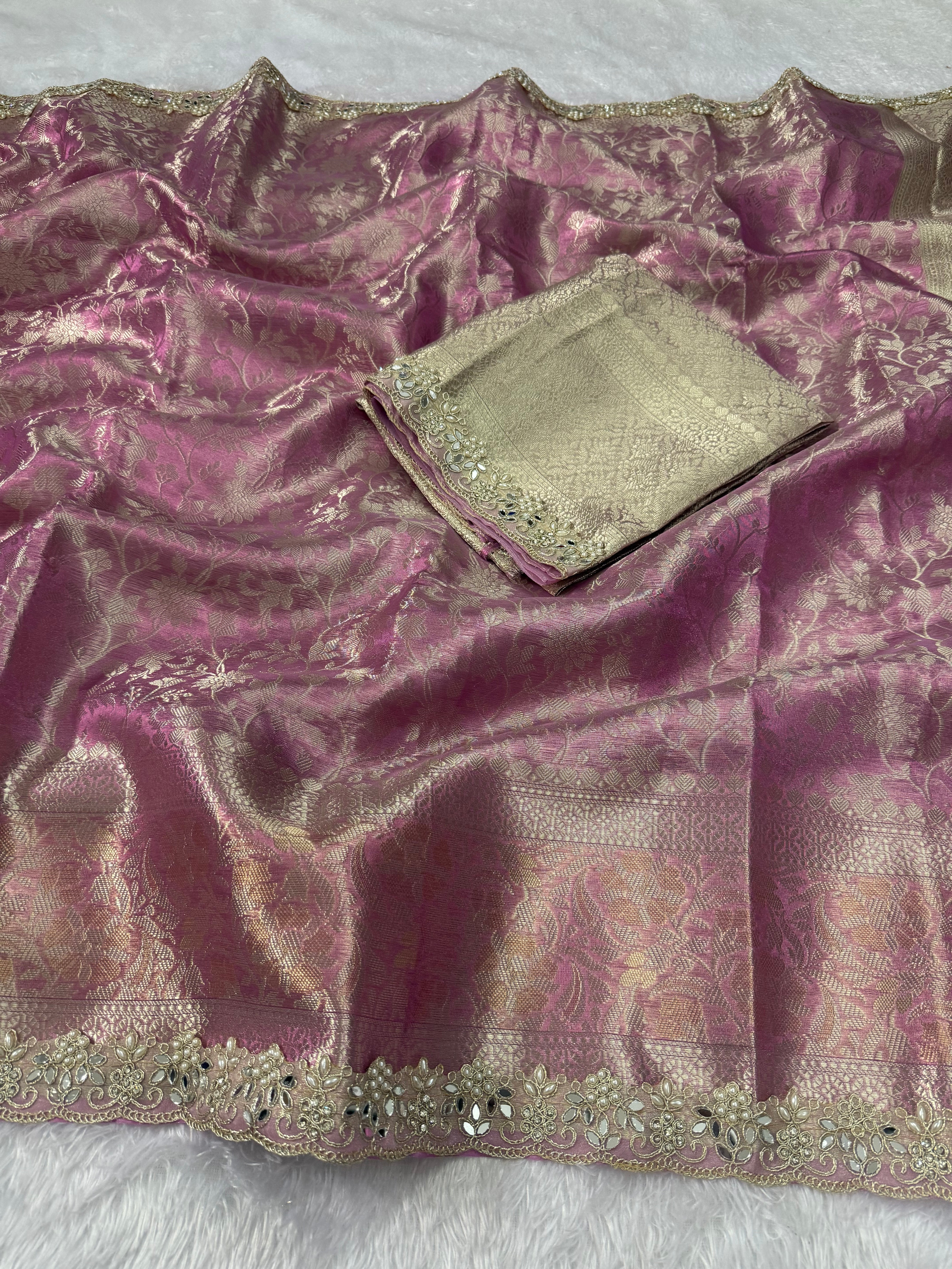 Attractive Wedding  Wear Tissue Silk Zari Weaving Mirror n Cut Work Border Designer Saree For Occasion