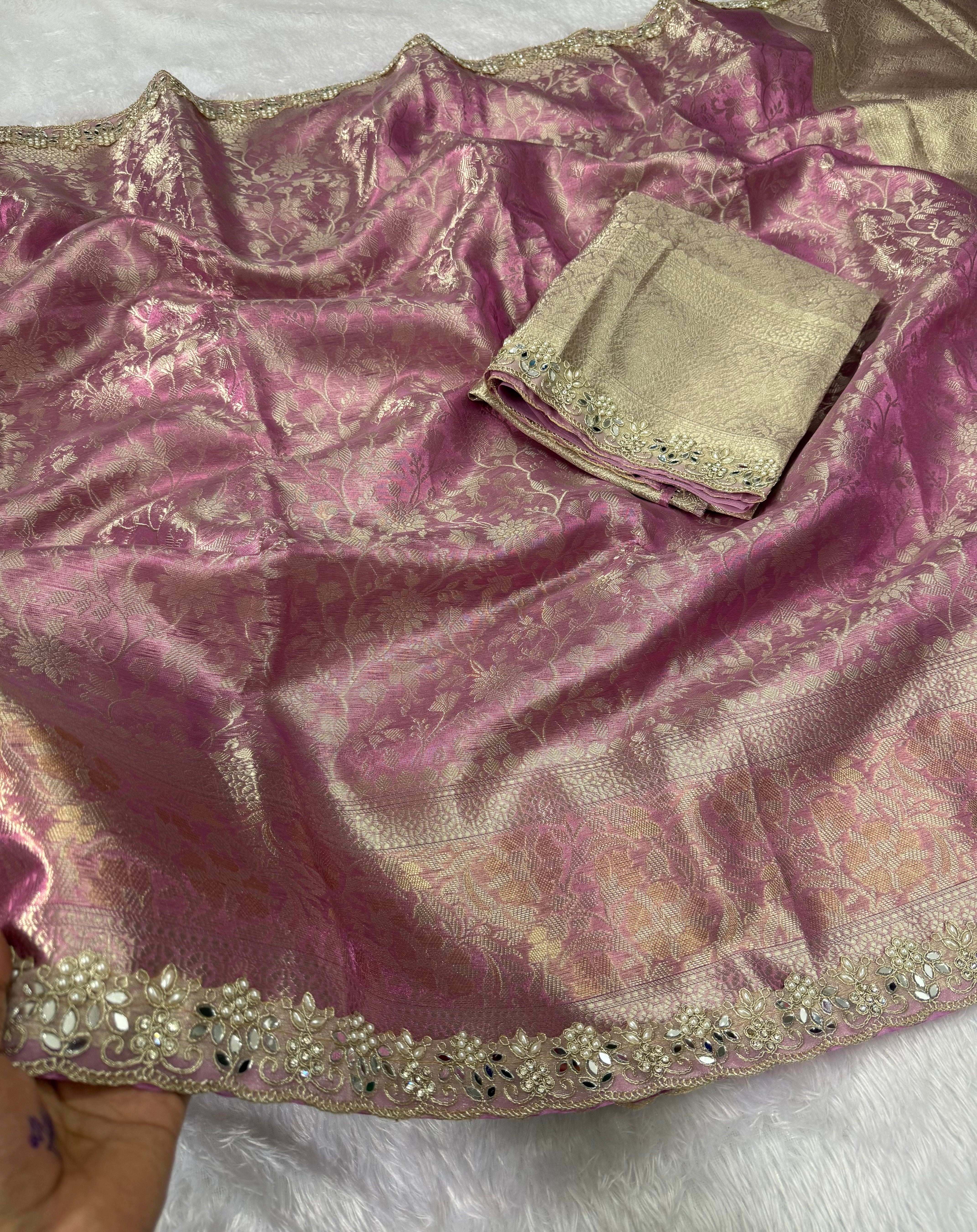 Attractive Wedding  Wear Tissue Silk Zari Weaving Mirror n Cut Work Border Designer Saree For Occasion