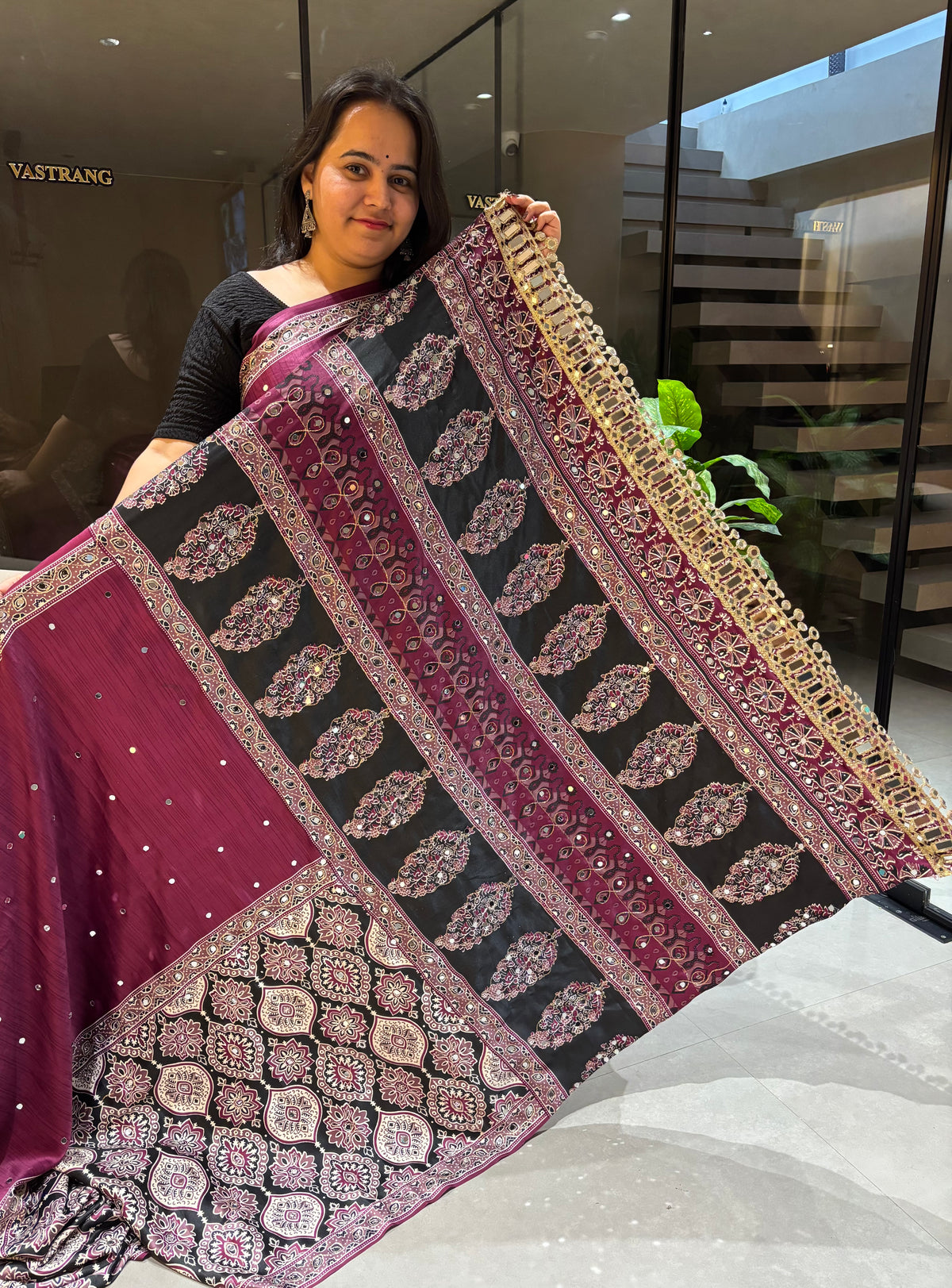 Blossom Party Wear Pure Satin Silk Ajrak Printed Rich Pallu n Original Mirror Work Fancy Saree With Blissful Blouse Piece