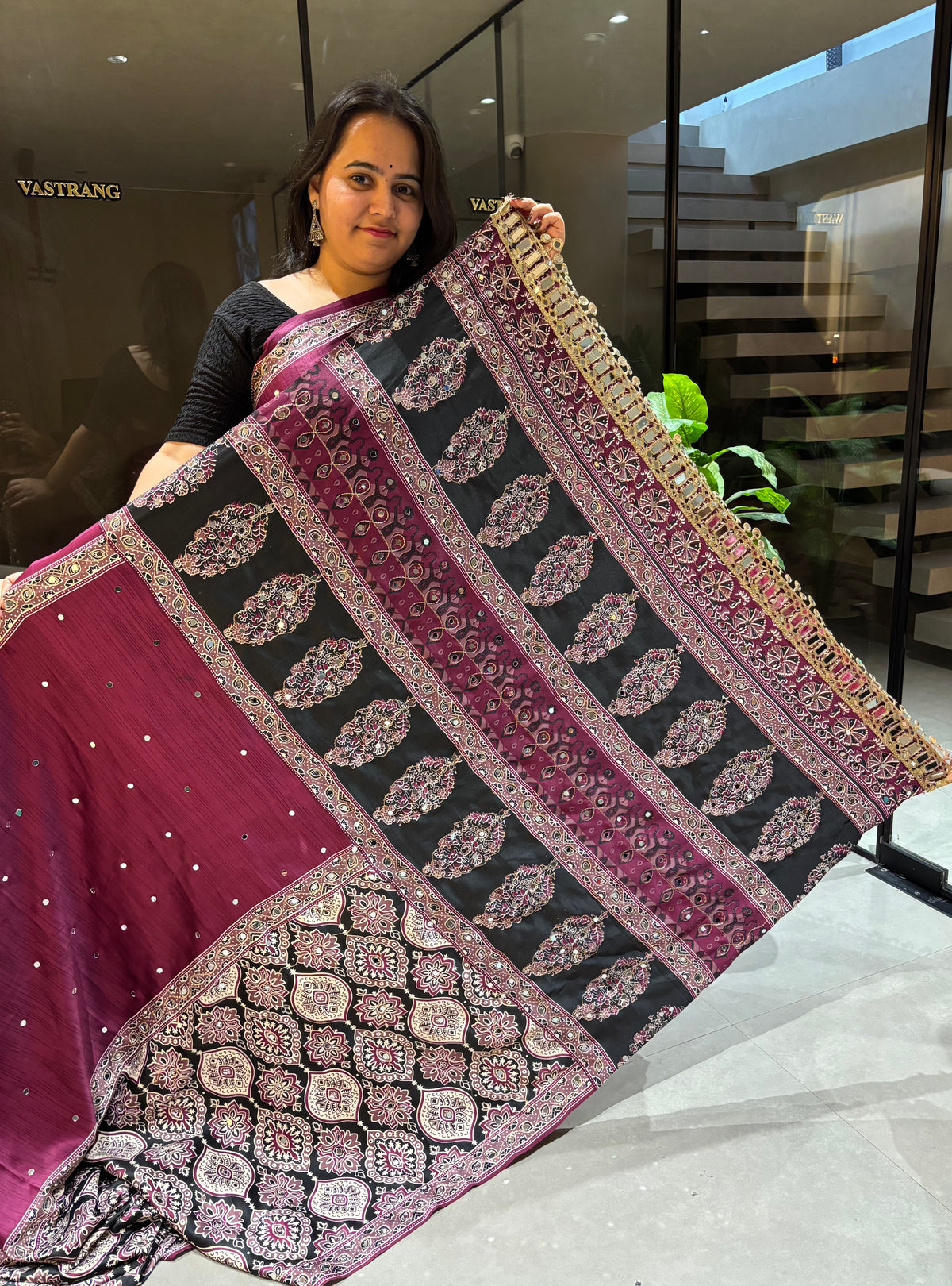 Blossom Party Wear Pure Satin Silk Ajrak Printed Rich Pallu n Original Mirror Work Fancy Saree With Blissful Blouse Piece