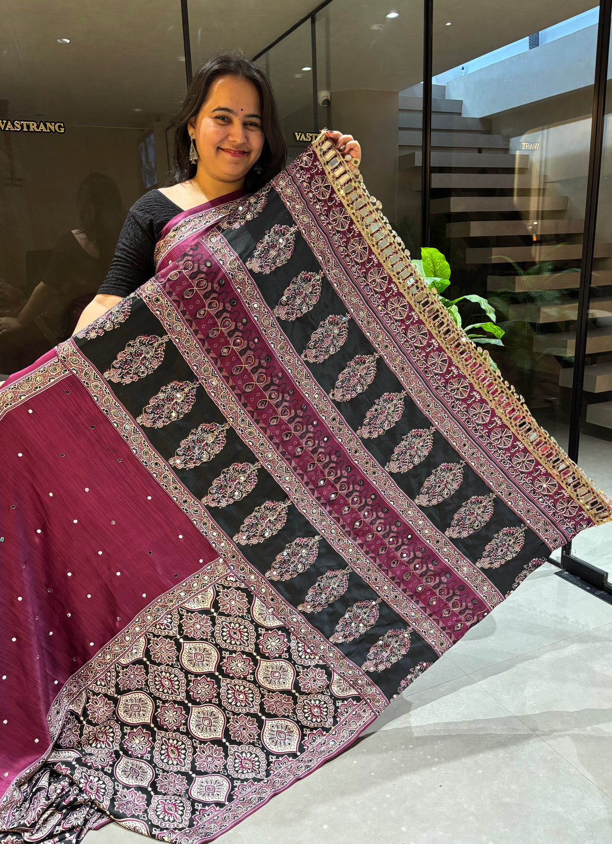 Blossom Party Wear Pure Satin Silk Ajrak Printed Rich Pallu n Original Mirror Work Fancy Saree With Blissful Blouse Piece