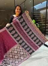 Load image into Gallery viewer, Blossom Party Wear Pure Satin Silk Ajrak Printed Rich Pallu n Original Mirror Work Fancy Saree With Blissful Blouse Piece
