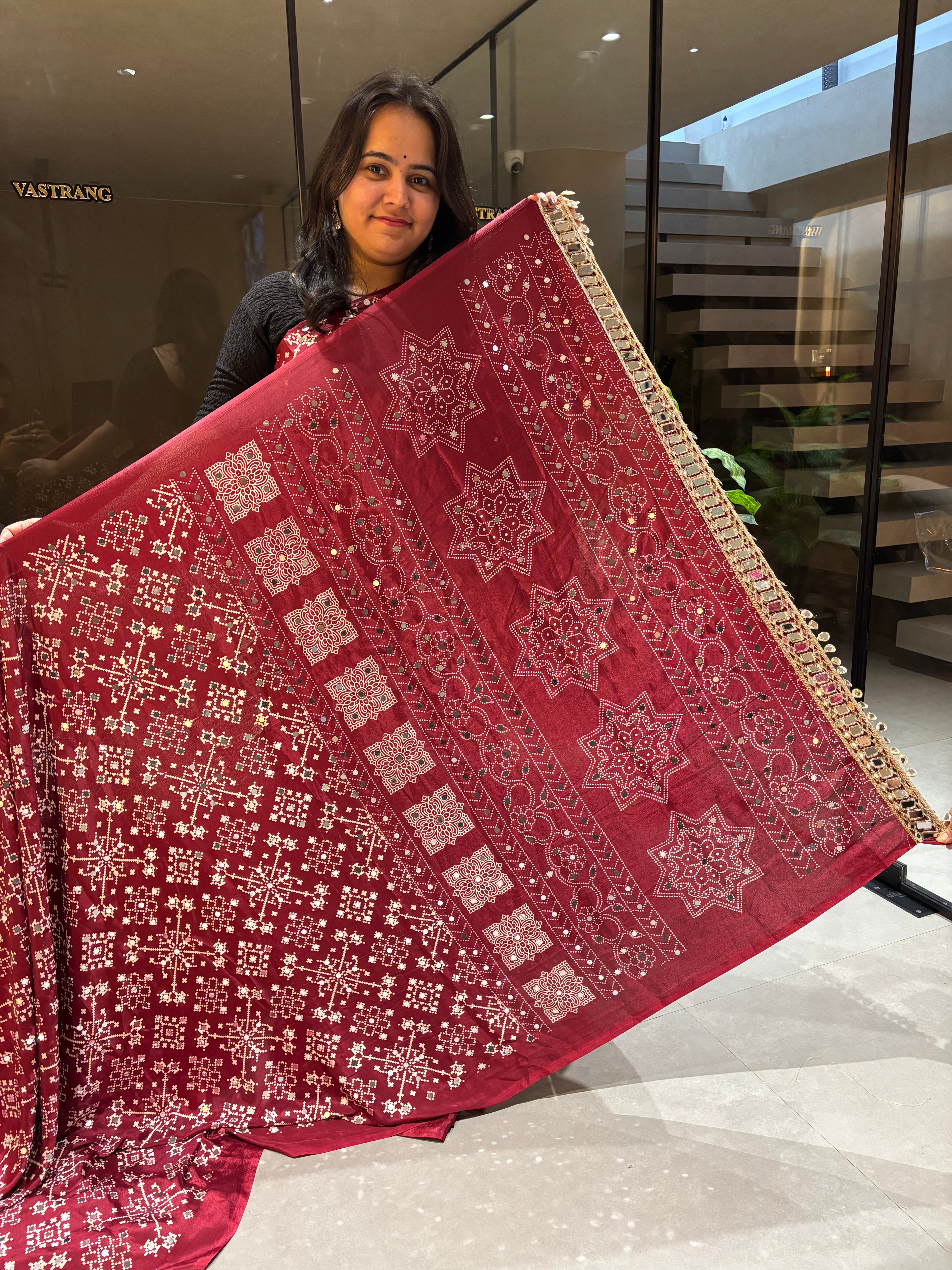 Breathtaking Function Wear Pure Satin Silk Ajrak Printed Rich Pallu n Mirror Work Fancy Designer Saree